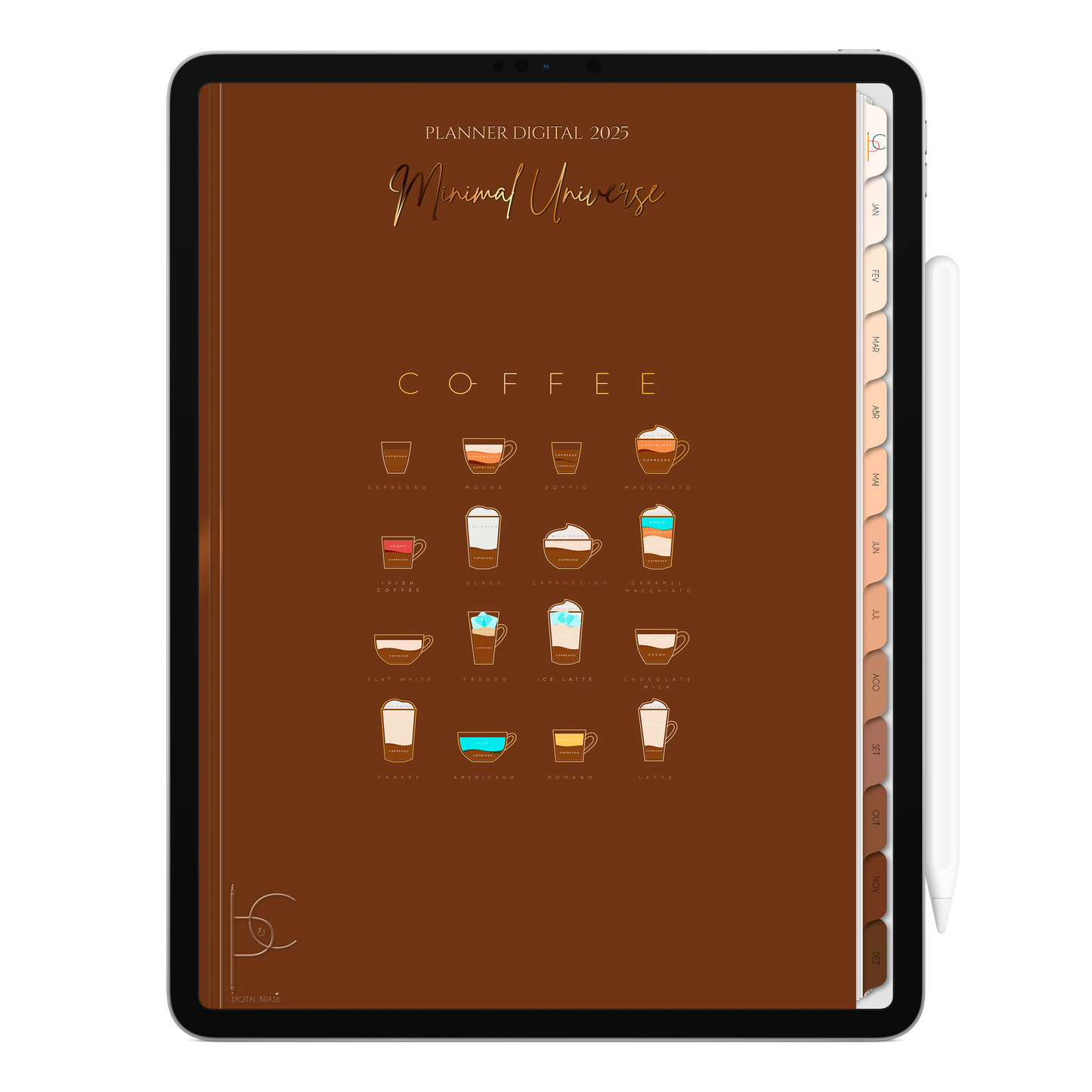 Planner Digital Vertical Minimal Universe 2025 Coffee Love pt-BR • Para iPad e Tablet Android • Download Imediato