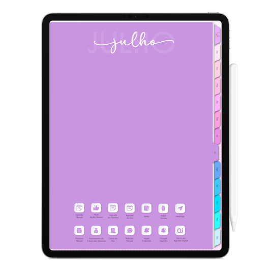 Capa do Mês clicavel da Agenda Digital Permanente para iPad e Tablet Android exibindo abas laterais de acesso instantâneo por clique para os meses de Janeiro a Dezembro.