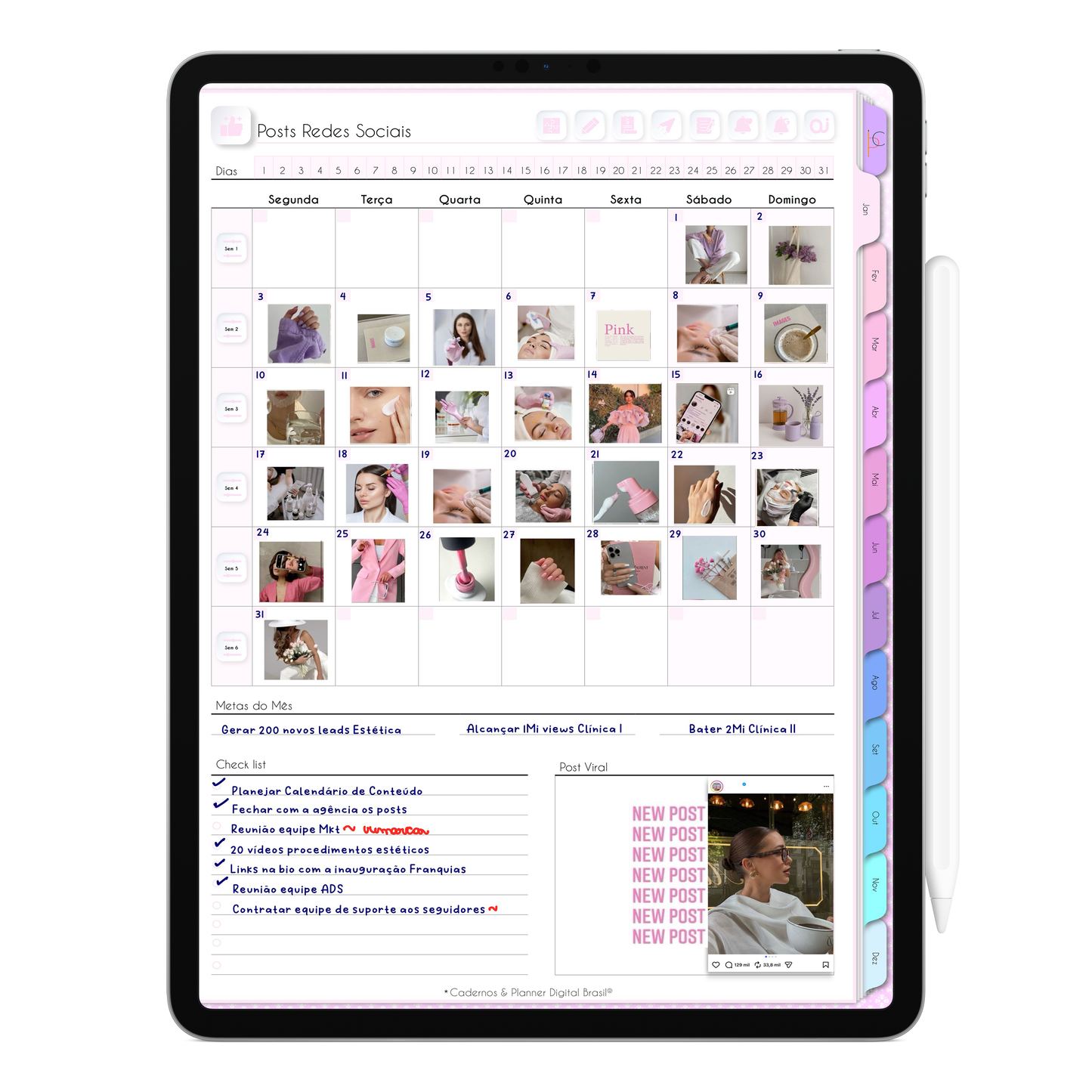 Agenda de Posts para Redes Sociais na Agenda Digital Permanente Não Datada para organizar os posts, legendas, análises e mais Exclusivo para Tablet e iPad.