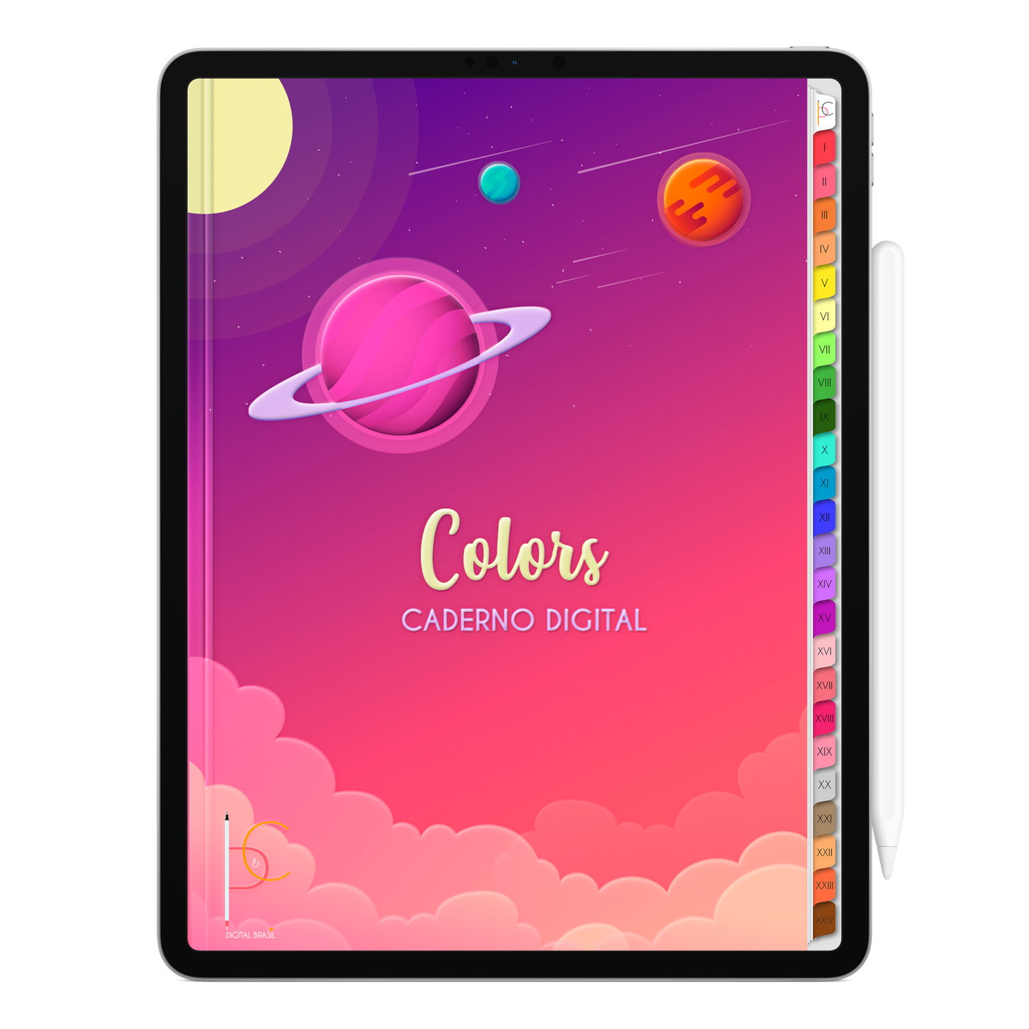 Caderno Digital Colors 24 Matérias Exclusivo para iPad e Tablet Android. Aplicativos de Anotação GoodNotes, Flexcil, Samsung Notes, Noteshelf. Lembretes Apple Calendar e Google Agenda. Páginas Estudos, Anotações, Resumos, Vida Acadêmica, Pautada, Pontilhada, Cronograma Estudos, Notas da Matéria, Coeficiente de Rendimento. Cadernos & Planner Digital Brasil