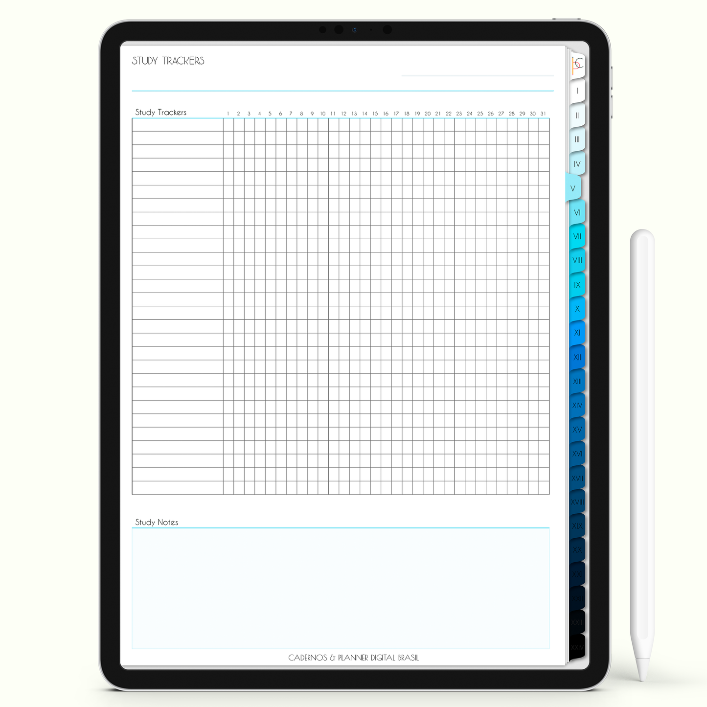 Caderno Digital 24 Matérias - página study tracker do caderno digital para iPad e Tablet Android. Cadernos & Planner Digital Brasil