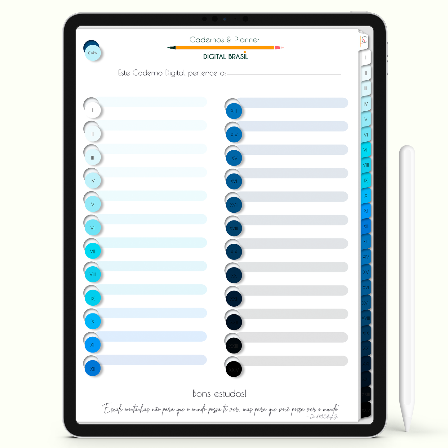 Caderno Digital 24 Matérias - página study tracker do caderno digital para iPad e Tablet Android. Cadernos & Planner Digital Brasil