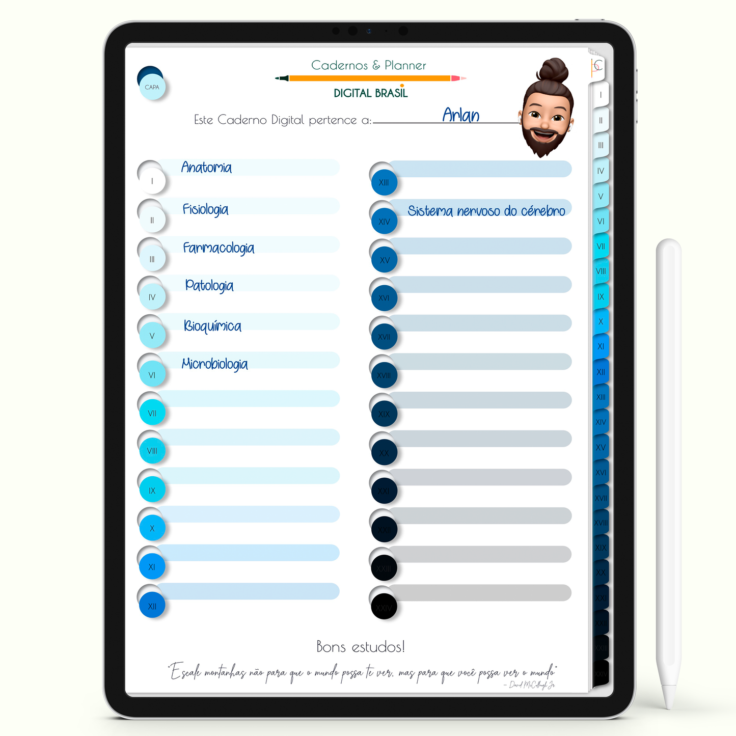 Caderno Digital 24 Matérias - Todas as matérias e layout das abas para iPad e Tablet Android. Cadernos & Planner Digital Brasil