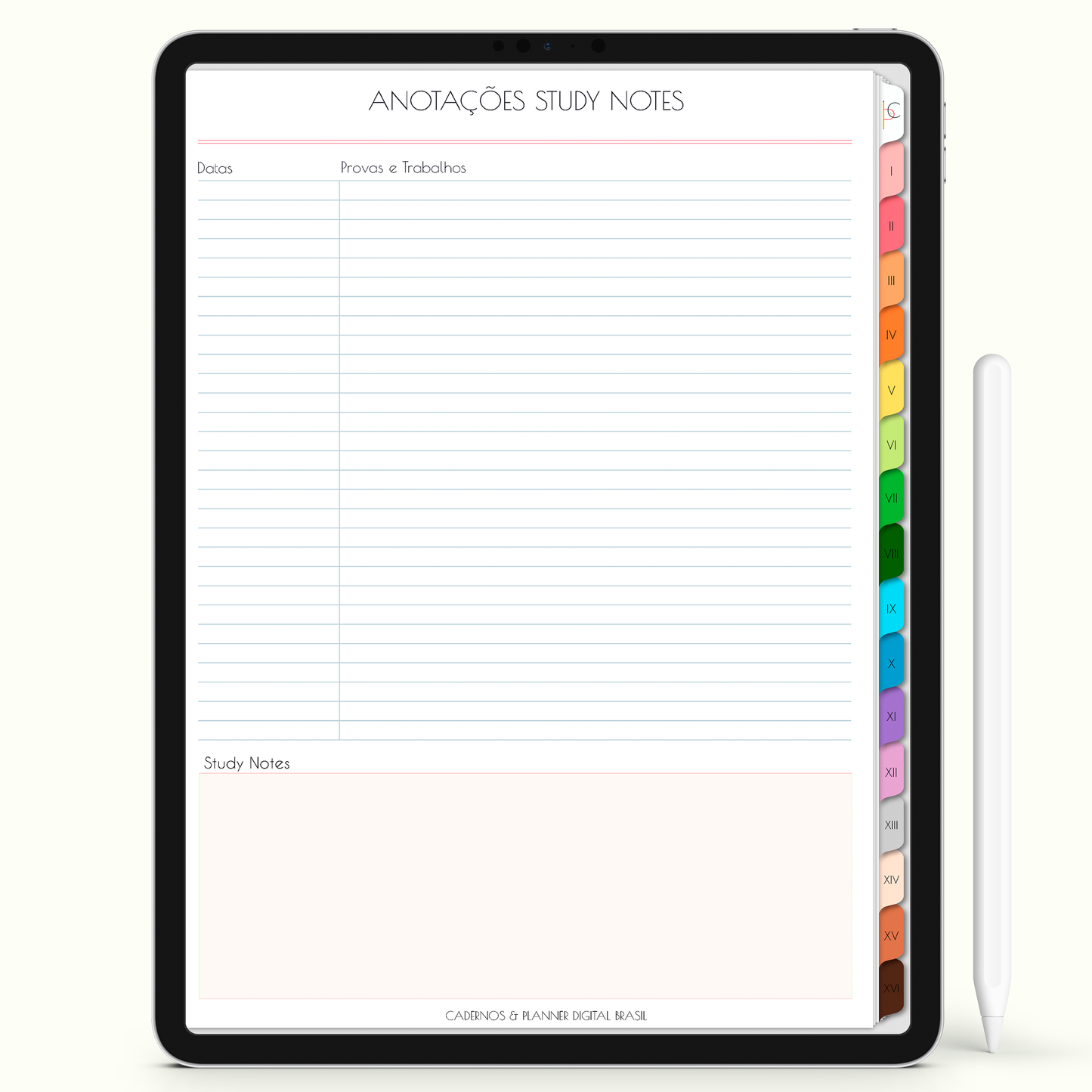 Caderno Digital Colors 16 Matérias - página Study notes para iPad e Tablet Android. Cadernos & Planner Digital Brasil