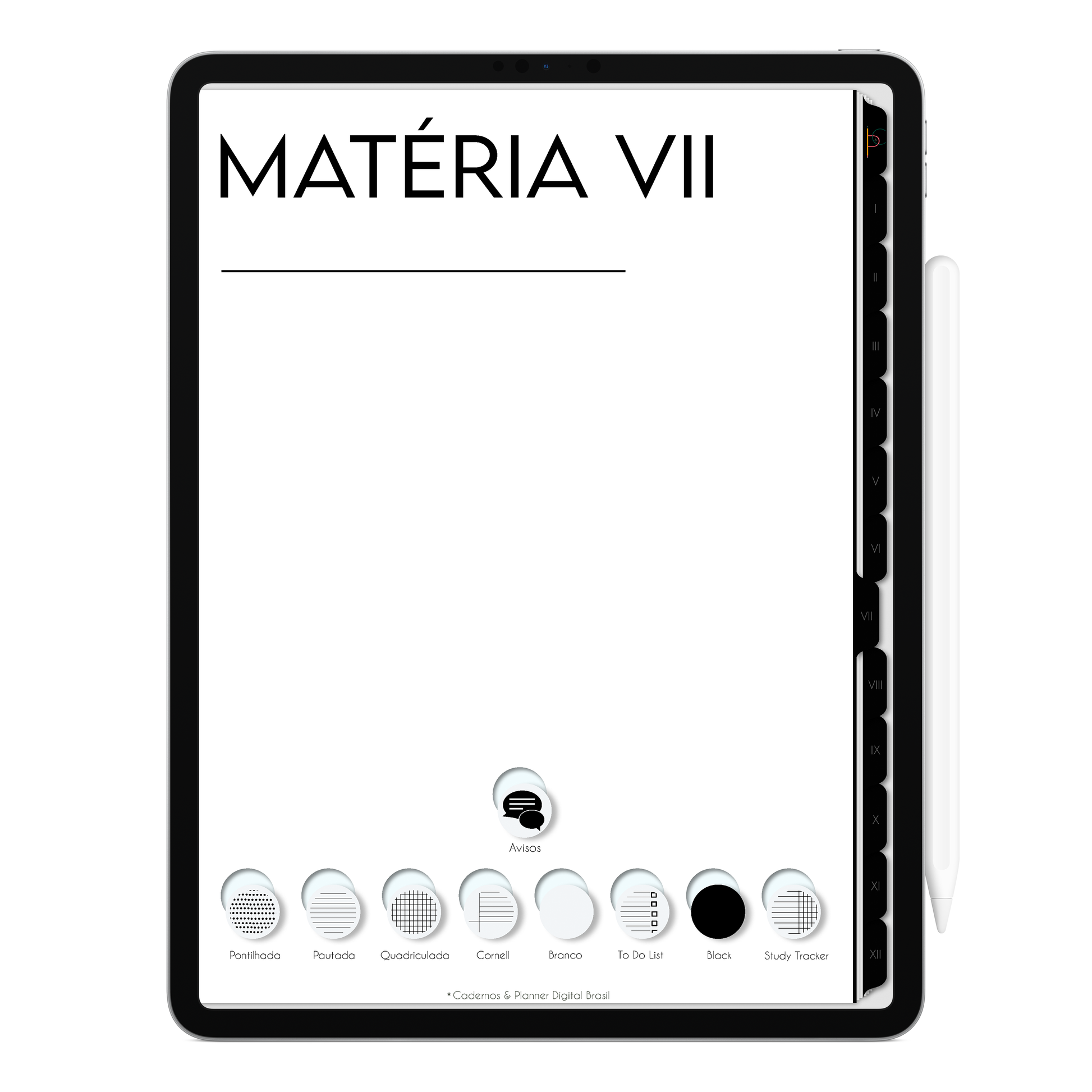 Caderno digital Unic Black básico e estiloso, para estudos e anotações. Exclusivo para estudar e se planejar no iPad e tablets Android tablets da Samsung (TabS6 Lite, Tab S9 Fe, Tab S9 +, Galaxy Tab S10 Ultra · Galaxy Tab S10+, compatível com aplicativos de anotações digitais GoodNotes e Notein. Baixe grátis o Caderno Digital Gratuito. Faça o download do Planner Digital Grátis.