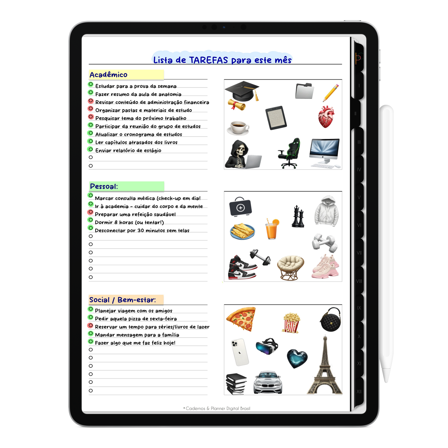 Caderno digital Unic Black básico e estiloso, para estudos e anotações. Exclusivo para estudar e se planejar no iPad e tablets Android tablets da Samsung (TabS6 Lite, Tab S9 Fe, Tab S9 +, Galaxy Tab S10 Ultra · Galaxy Tab S10+, compatível com aplicativos de anotações digitais GoodNotes e Notein. Baixe grátis o Caderno Digital Gratuito. Faça o download do Planner Digital Grátis.
