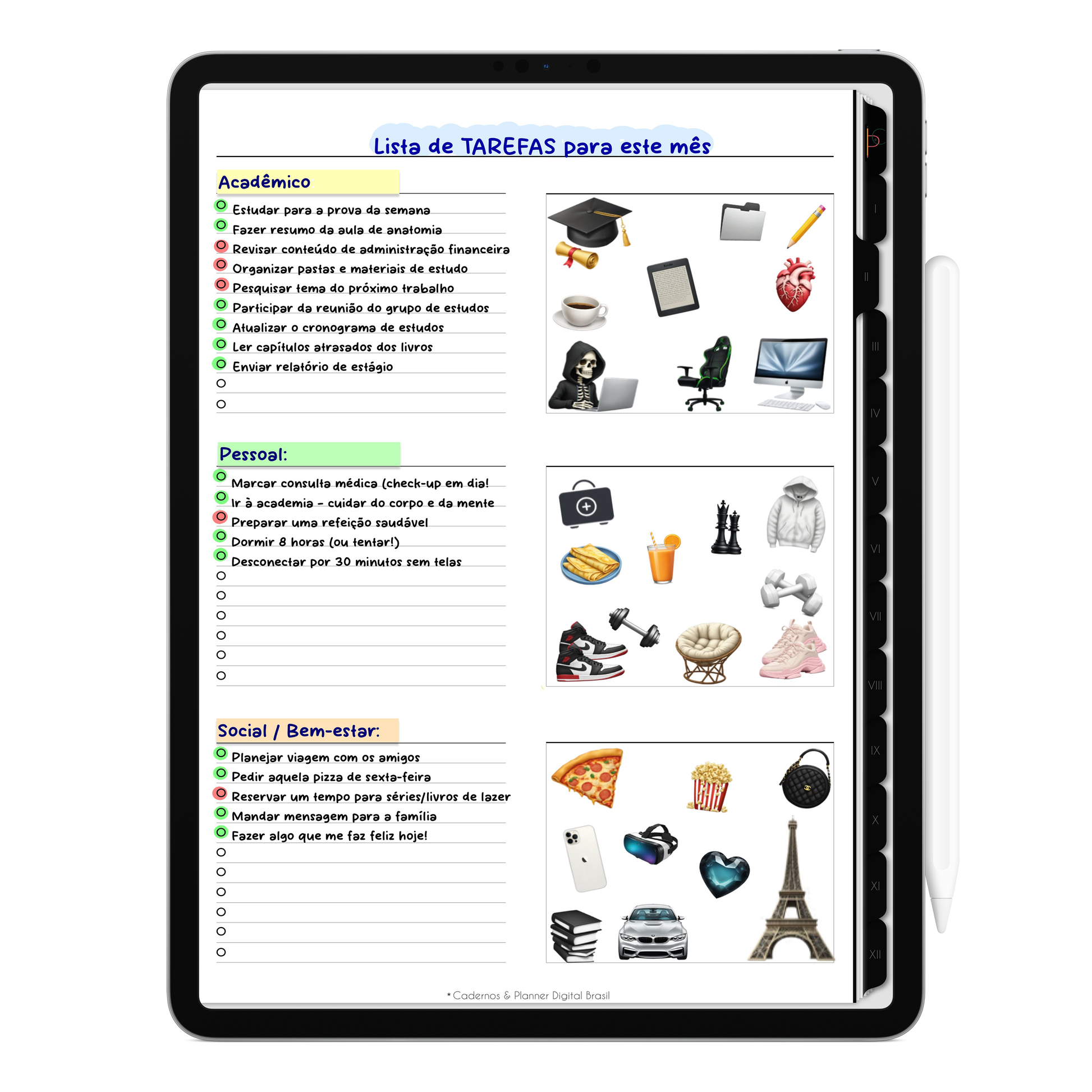 Caderno digital Unic Black básico e estiloso, para estudos e anotações. Exclusivo para estudar e se planejar no iPad e tablets Android tablets da Samsung (TabS6 Lite, Tab S9 Fe, Tab S9 +, Galaxy Tab S10 Ultra · Galaxy Tab S10+, compatível com aplicativos de anotações digitais GoodNotes e Notein. Baixe grátis o Caderno Digital Gratuito. Faça o download do Planner Digital Grátis.