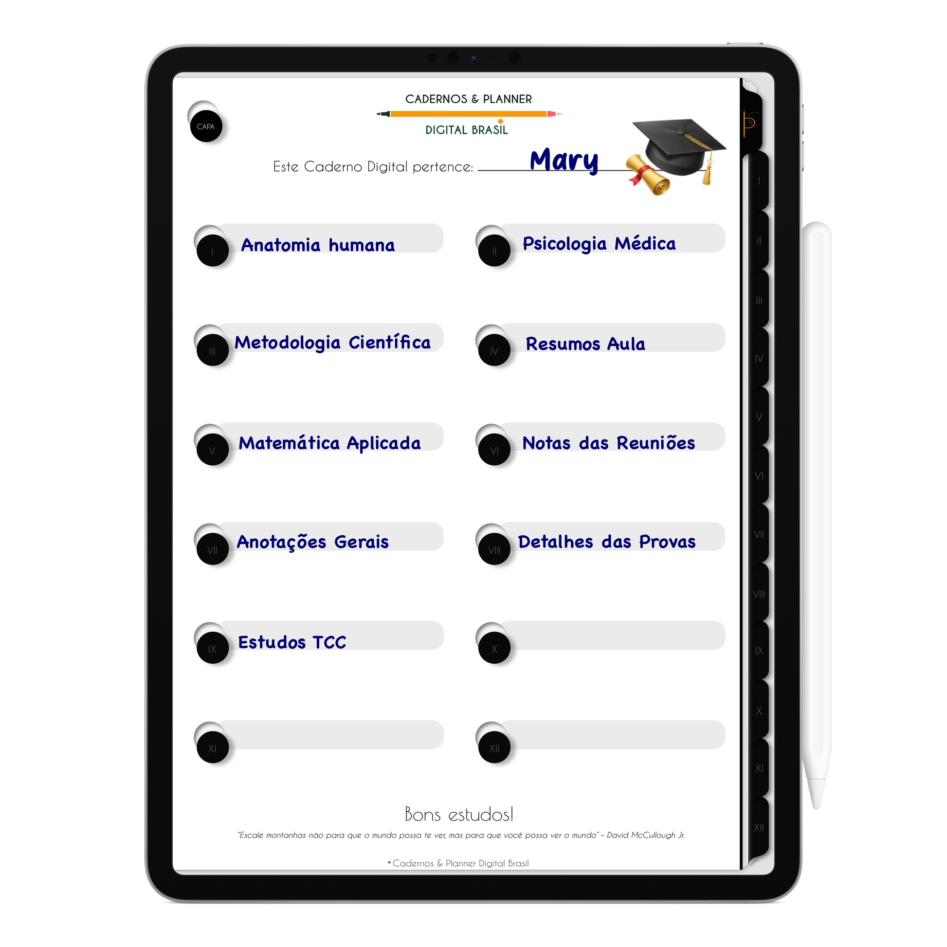 Caderno digital Unic Black básico e estiloso, para estudos e anotações. Exclusivo para estudar e se planejar no iPad e tablets Android tablets da Samsung (TabS6 Lite, Tab S9 Fe, Tab S9 +, Galaxy Tab S10 Ultra · Galaxy Tab S10+, compatível com aplicativos de anotações digitais GoodNotes e Notein. Baixe grátis o Caderno Digital Gratuito. Faça o download do Planner Digital Grátis.