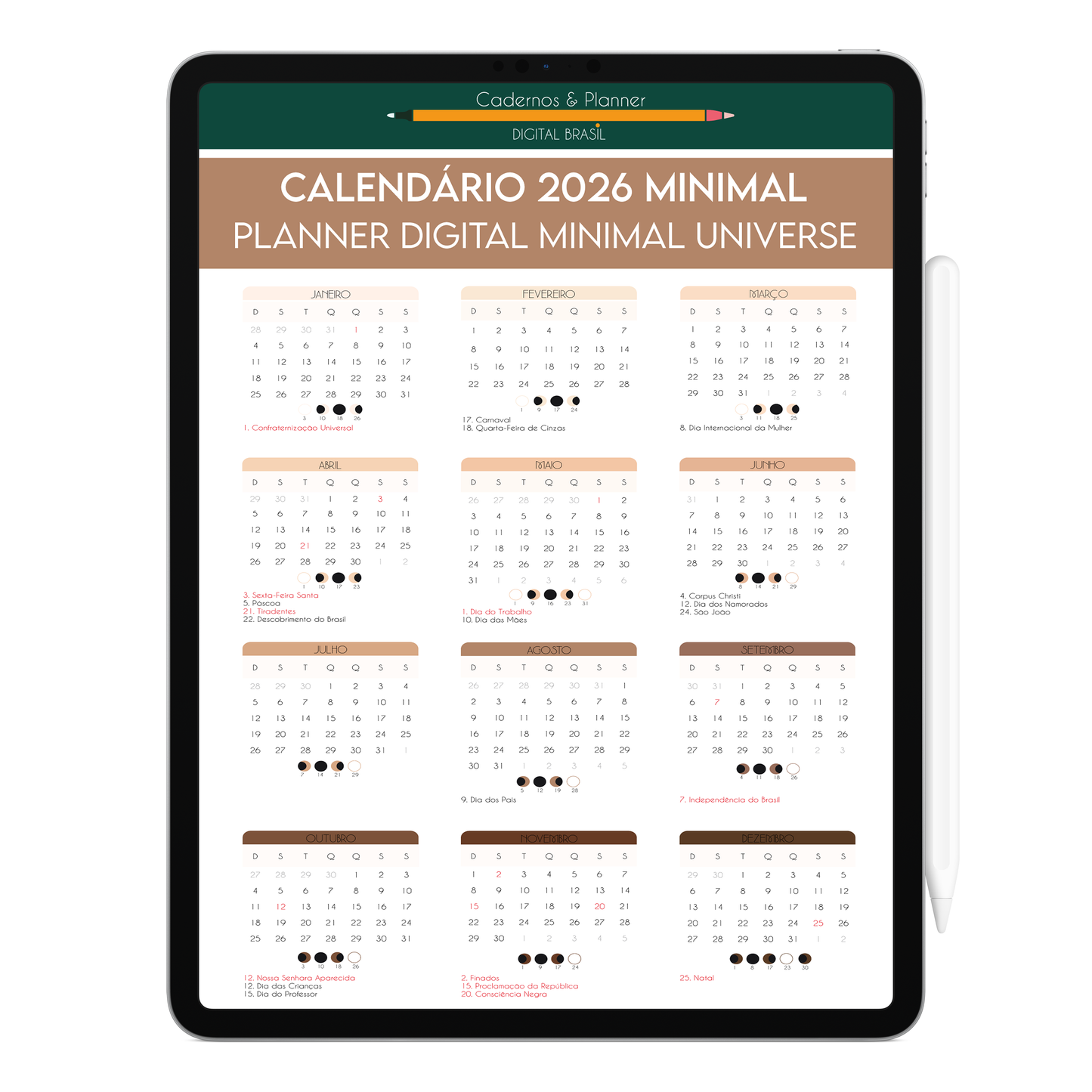 Calendário Minimal Gratuito Anual 2026 com feriados nacionais e calendário lunar para o Planner Digital 2026 Minimal Universe, versão gratuita para planejamento anual no iPad e Tablet.