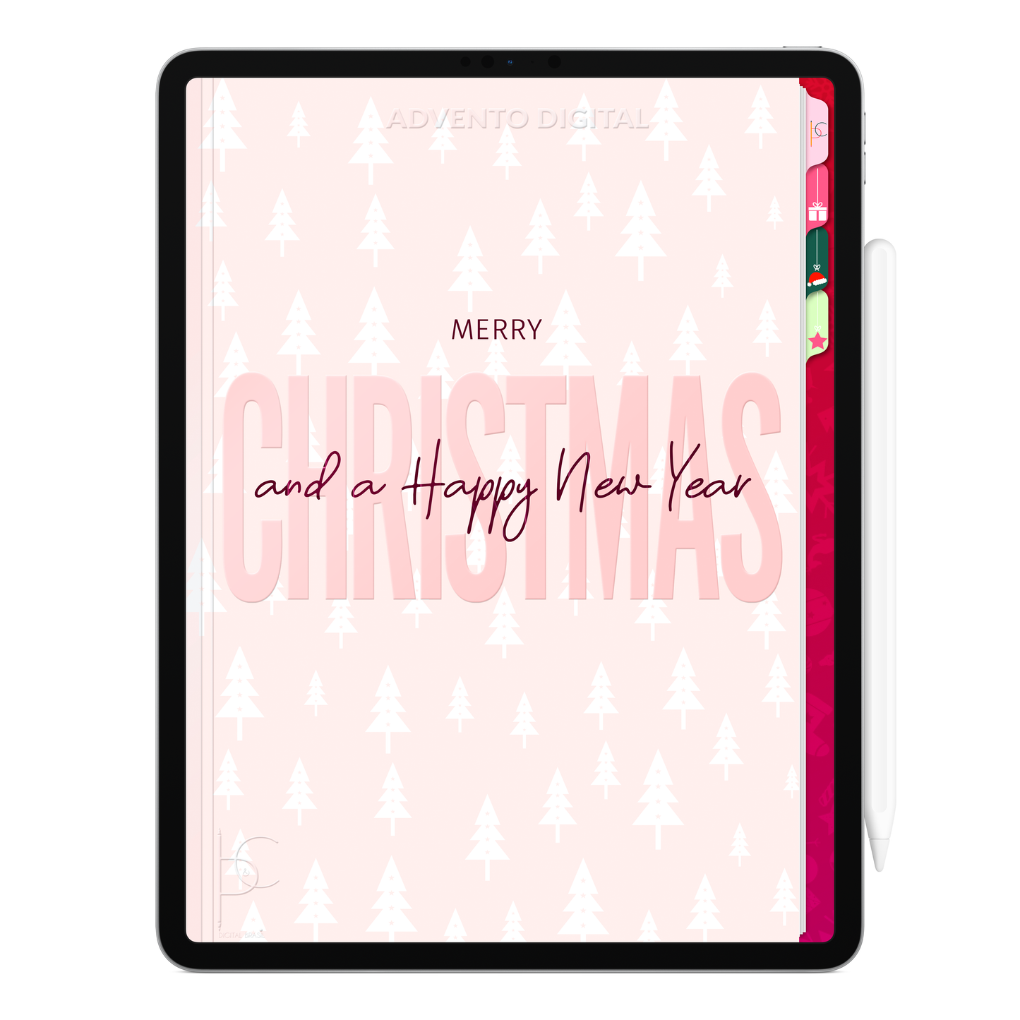 Imagem do Avento Digital Luz Interior com estrutura diária, espaço para escrita e mimos digitais temáticos de Natal. Calendário do Advento para iPad e Tablet.