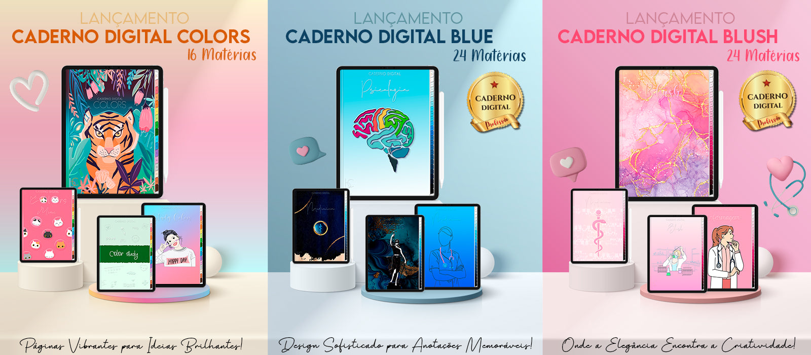 Coleção de Cadernos Digital Colors, Blush e Blue - Cadernos de Medicina, Psicologia, Direito, Nutrição, Enfermagem, Estudantes, Study, Arquitetura, Caderno Profissão, Os Melhores e Mais Completos Caderno Digital do Brasil da Cadernos & Planner Digital Brasil