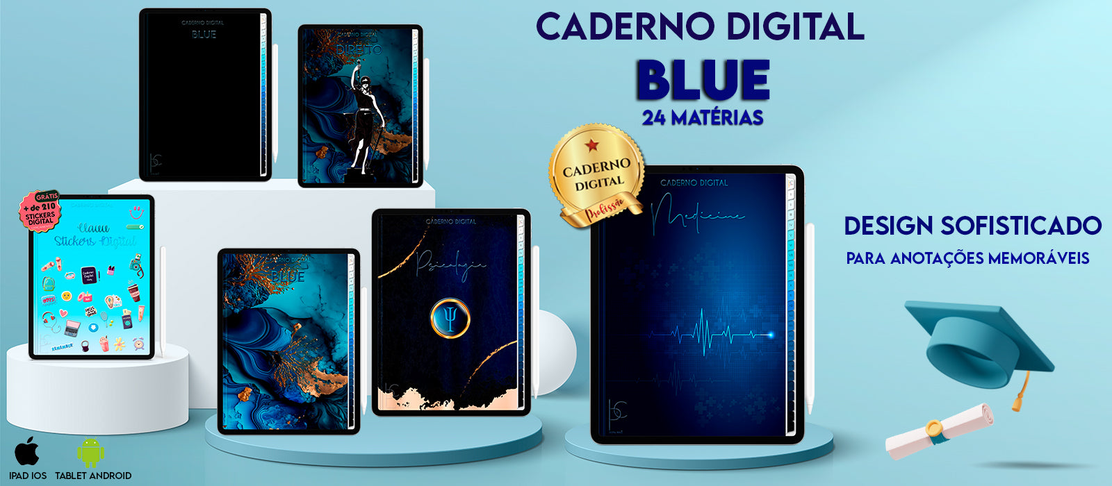 O Melhor Caderno Digital Blue do Mundo Caderno Personalizado Profissão para iPad e Tablet Android Study 24 Matérias Estudantes e Profissionais Cadernos Planner Digital Brasil App GoodNotes, Notein, Samsung Notes