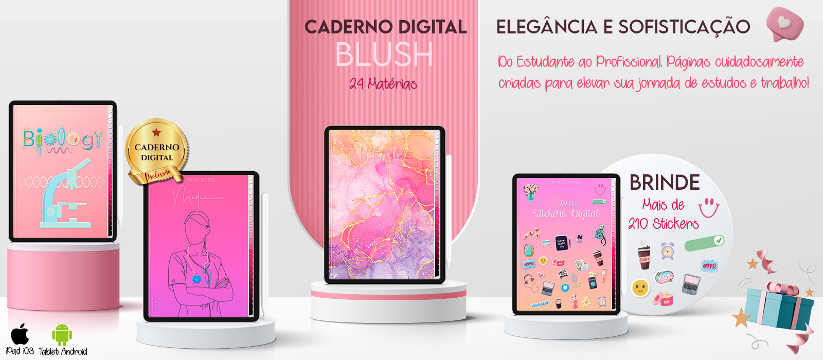 Caderno Digital Blush 24 Matérias Do Estudante ao Profissional, Páginas cuidadosamente criadas para elevar sua jornada de estudos e trabalho. Faça anotações com o Caderno Digital Blush da Cadernos & Planner Digital Brasil para iPad e Tablet Android.