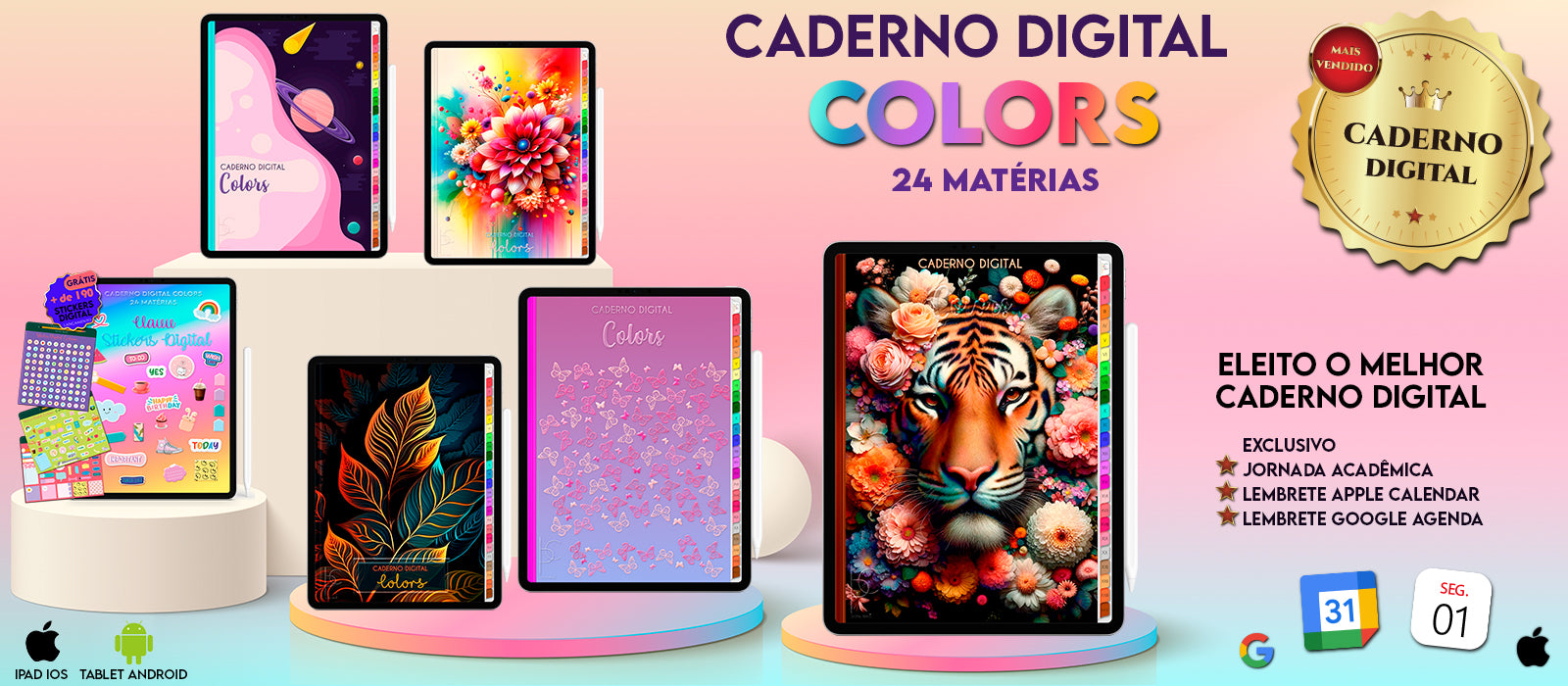 O Melhor Caderno Digital Colors do Mundo para iPad e Tablet Android Study Colors 24 Matérias Estudantes e Profissionais Cadernos Planner Digital Brasil App GoodNotes, Notein, Samsung Notes