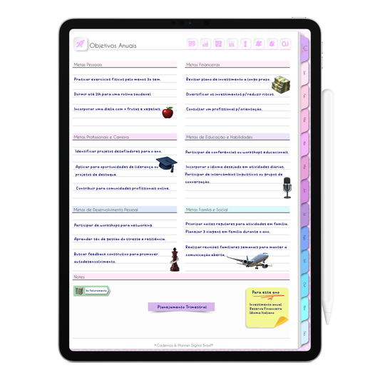 Página de objetivos anuais da Agenda Digital Permanente para definição de metas e planejamento pessoal e profissional. Projetada para escrita fluida com a caneta Stylus em aplicativo de notas no Tablet ou iPad.