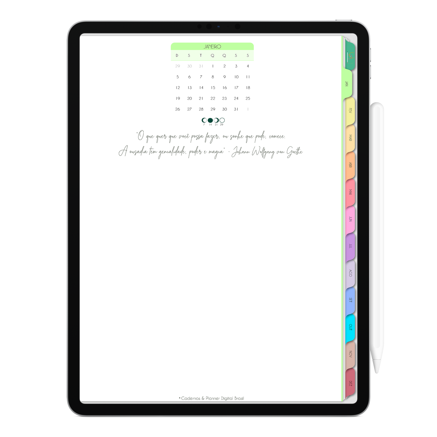Capa dos meses com frase inspiracional. Planner Digital 2025 Gratuito download grátis do planner digital para iPad e Tablet Android, tablet da Samsung Planeje sua vida no melhor planner digital da Cadernos Planner Digital Brasil