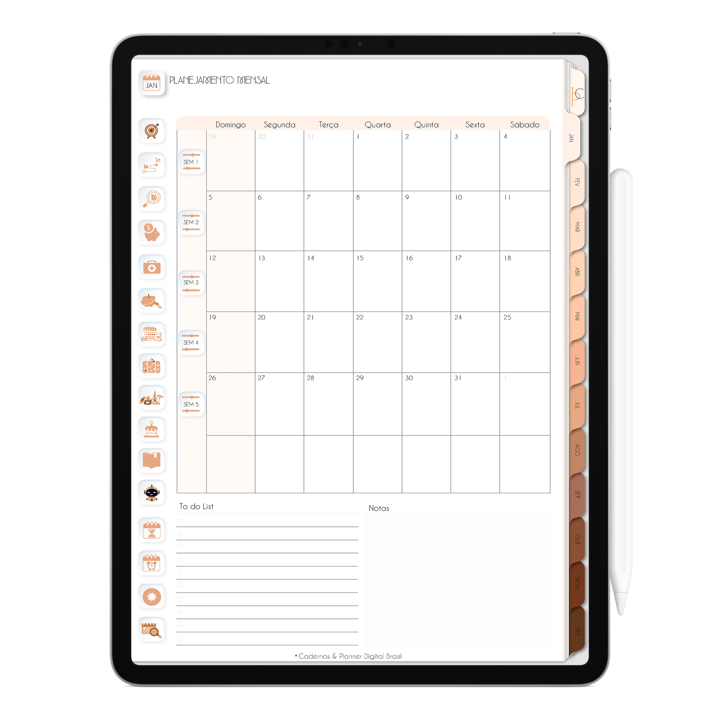 Planejamento mensal do Planner Digital Minimal Universe Mocha Nude com ativação lembretes apple calendar e google agenda e inteligência artificial AI Planner no ChatGPT. Planner Digital 2025 Gratuito download grátis do planner digital para iPad e Tablet Android, tablet da Samsung Planeje sua vida no melhor planner digital da Cadernos Planner Digital Brasil