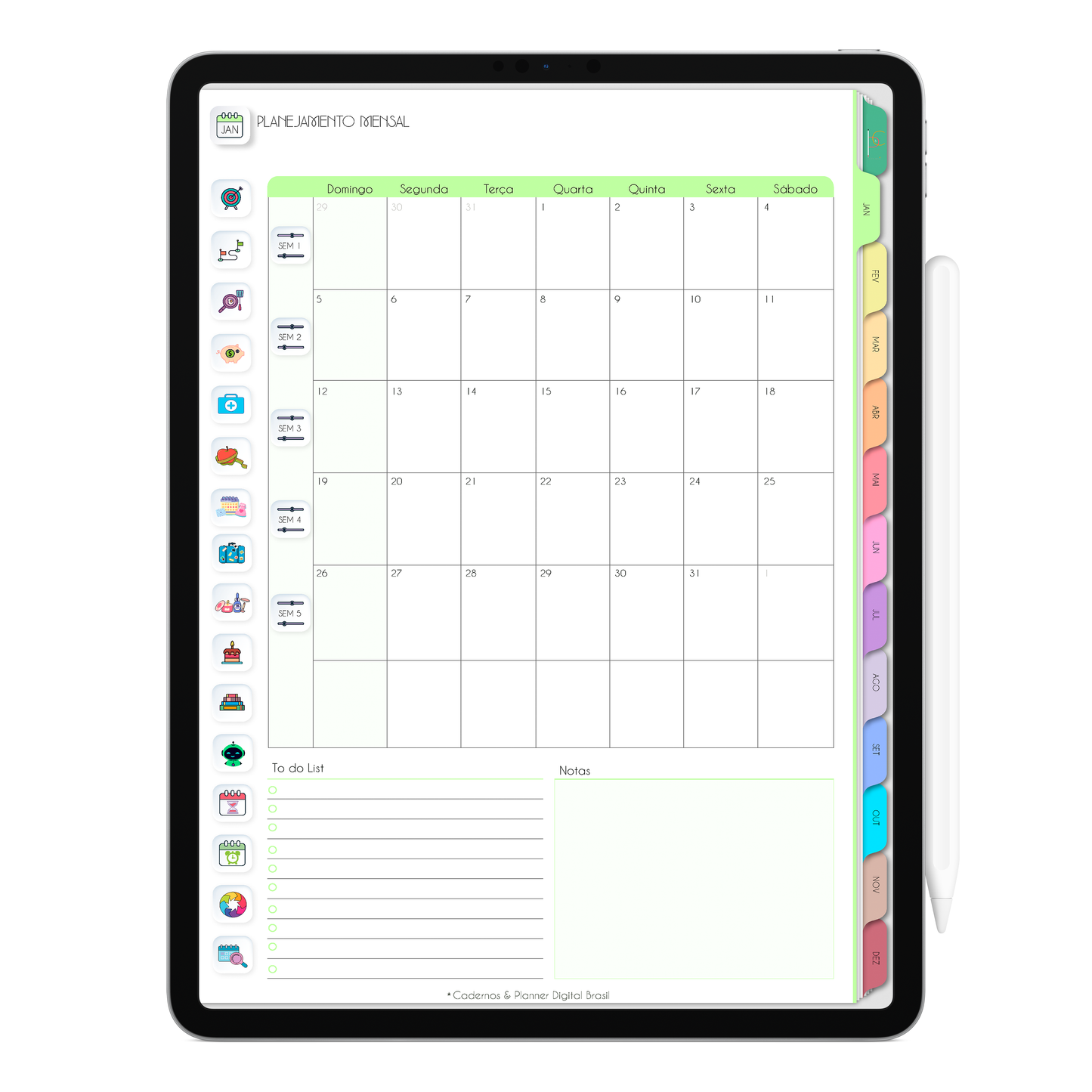 Planejamento mensal com ativação lembretes apple calendar e google agenda e inteligência artificial AI Planner. Planner Digital 2025 Gratuito download grátis do planner digital para iPad e Tablet Android, tablet da Samsung Planeje sua vida no melhor planner digital da Cadernos Planner Digital Brasil