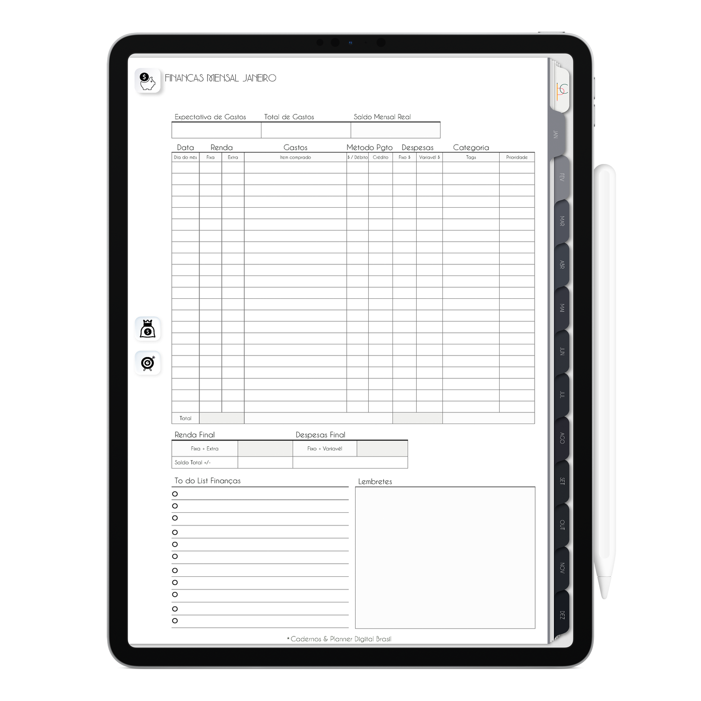 Planner de finanças Mensal, com ativação lembretes apple calendar e google agenda e inteligência artificial AI Planner no ChatGPT. Planner Digital 2025 Gratuito download grátis do planner digital para iPad e Tablet Android, tablet da Samsung Planeje sua vida no melhor planner digital da Cadernos Planner Digital Brasil