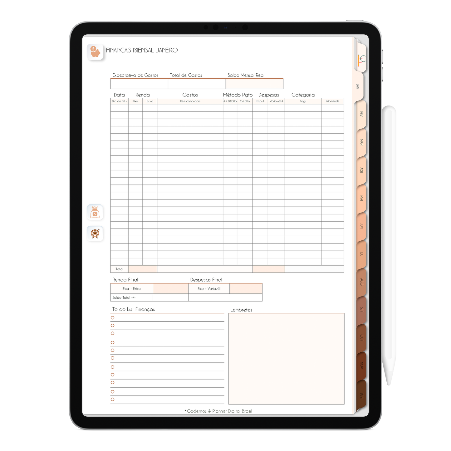 Planejamento finanças mensal do Planner Digital Minimal Universe Mocha Nude com ativação lembretes apple calendar e google agenda e inteligência artificial AI Planner no ChatGPT. Planner Digital 2025 Gratuito download grátis do planner digital para iPad e Tablet Android, tablet da Samsung Planeje sua vida no melhor planner digital da Cadernos Planner Digital Brasil