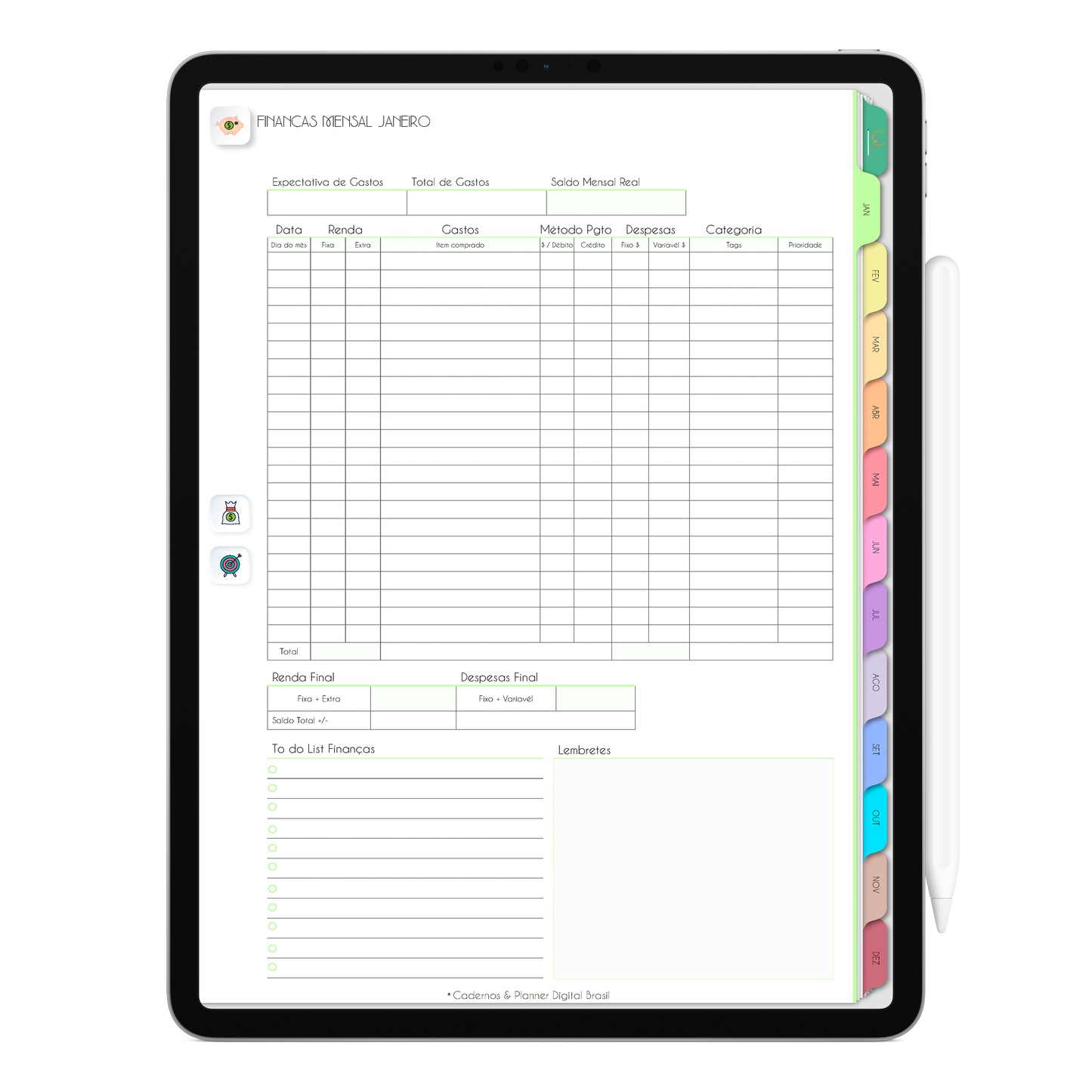 Planejamento finanças mensal, com ativação lembretes apple calendar e google agenda e inteligência artificial AI Planner. Planner Digital 2025 Gratuito download grátis do planner digital para iPad e Tablet Android, tablet da Samsung Planeje sua vida no melhor planner digital da Cadernos Planner Digital Brasil