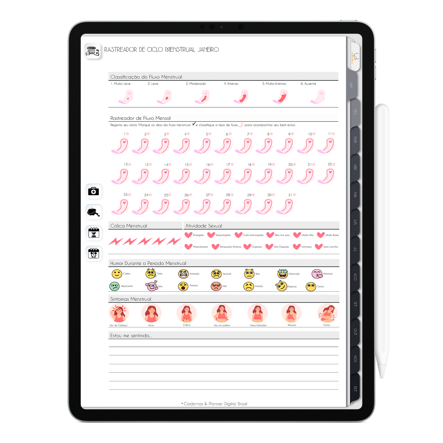 Planner Digital com rastreador de ciclo menstrual mensal, com ativação lembretes apple calendar e google agenda e inteligência artificial AI Planner no ChatGPT. Planner Digital 2025 Gratuito download grátis do planner digital para iPad e Tablet Android, tablet da Samsung Planeje sua vida no melhor planner digital da Cadernos Planner Digital Brasil