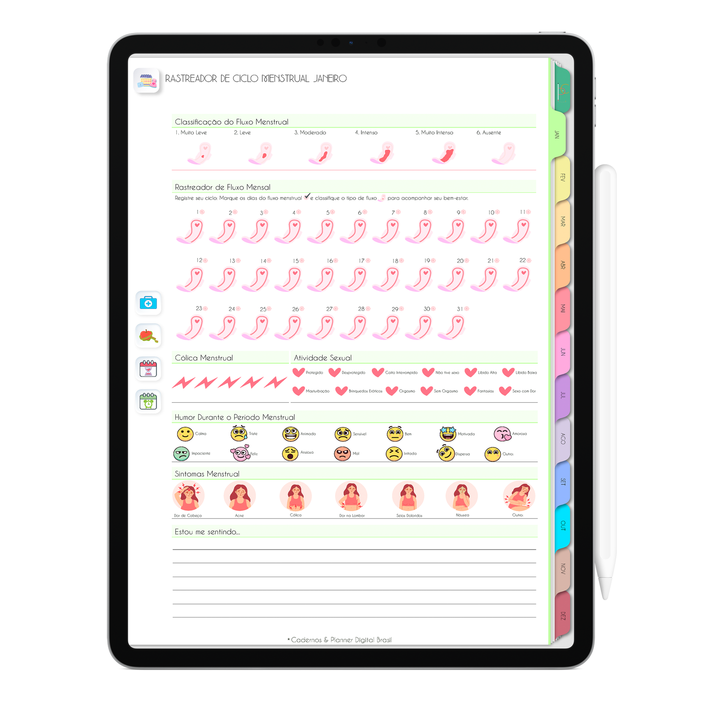 Planejamento Rastreador Ciclo Menstrual com ativação lembretes apple calendar e google agenda e inteligência artificial AI Planner. Planner Digital 2025 Gratuito download grátis do planner digital para iPad e Tablet Android, tablet da Samsung Planeje sua vida no melhor planner digital da Cadernos Planner Digital Brasil
