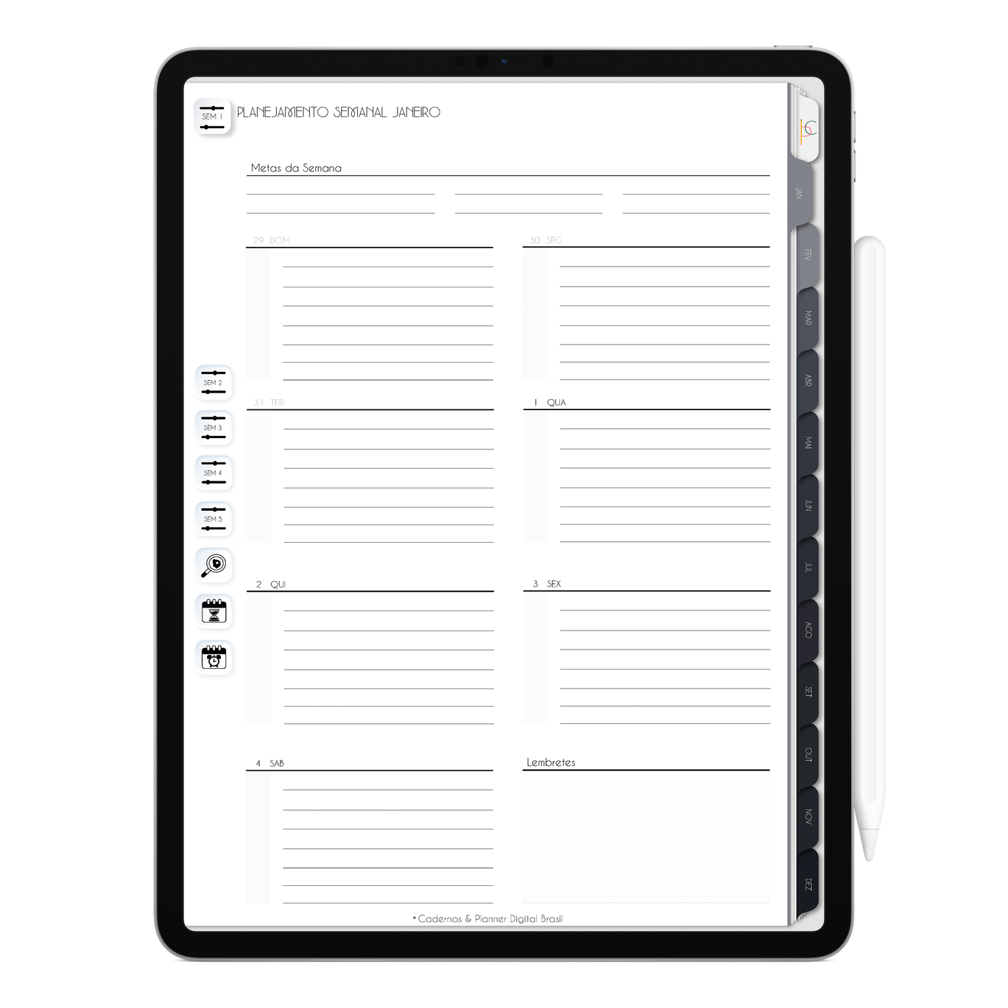 Planejamento semanal, com ativação lembretes apple calendar e google agenda e inteligência artificial AI Planner no ChatGPT. Planner Digital 2025 Gratuito download grátis do planner digital para iPad e Tablet Android, tablet da Samsung Planeje sua vida no melhor planner digital da Cadernos Planner Digital Brasil