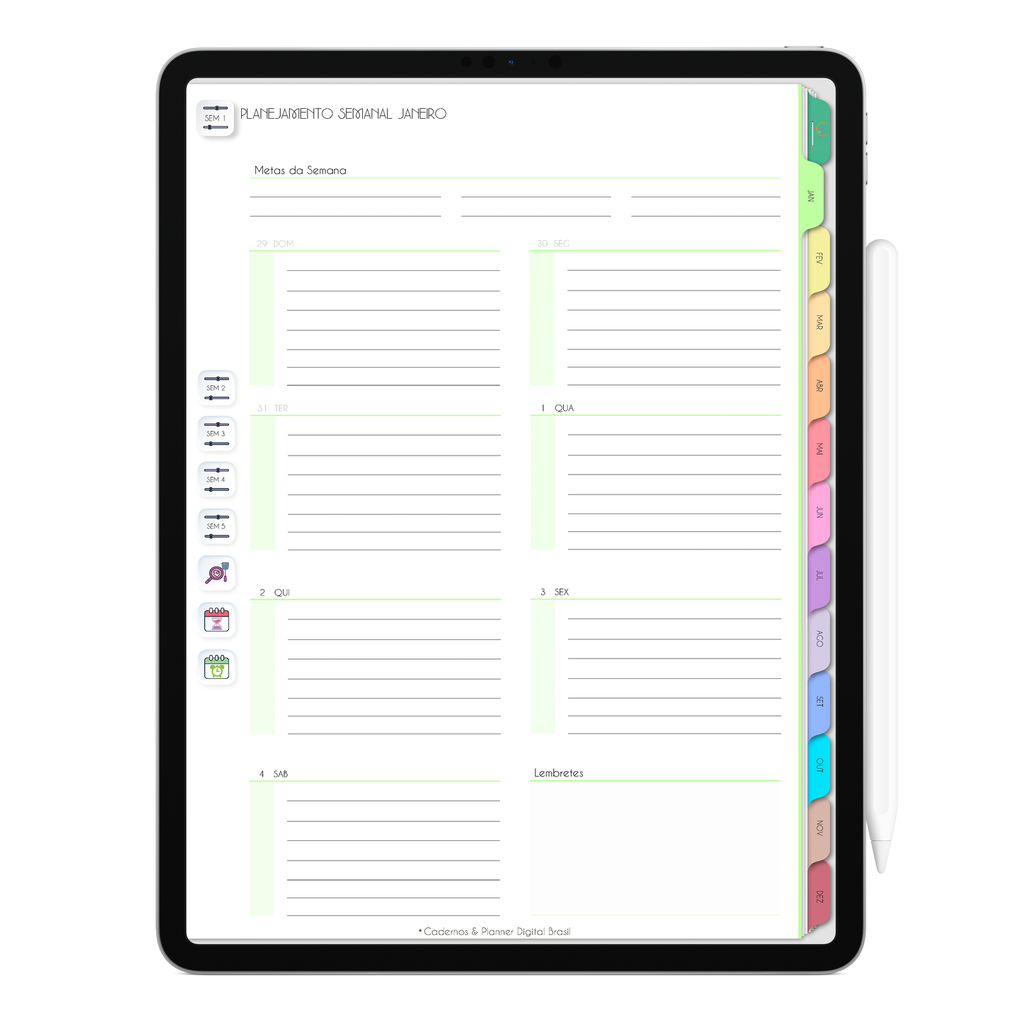 Planejamento semanal com ativação lembretes apple calendar e google agenda e inteligência artificial AI Planner. Planner Digital 2025 Gratuito download grátis do planner digital para iPad e Tablet Android, tablet da Samsung Planeje sua vida no melhor planner digital da Cadernos Planner Digital Brasil