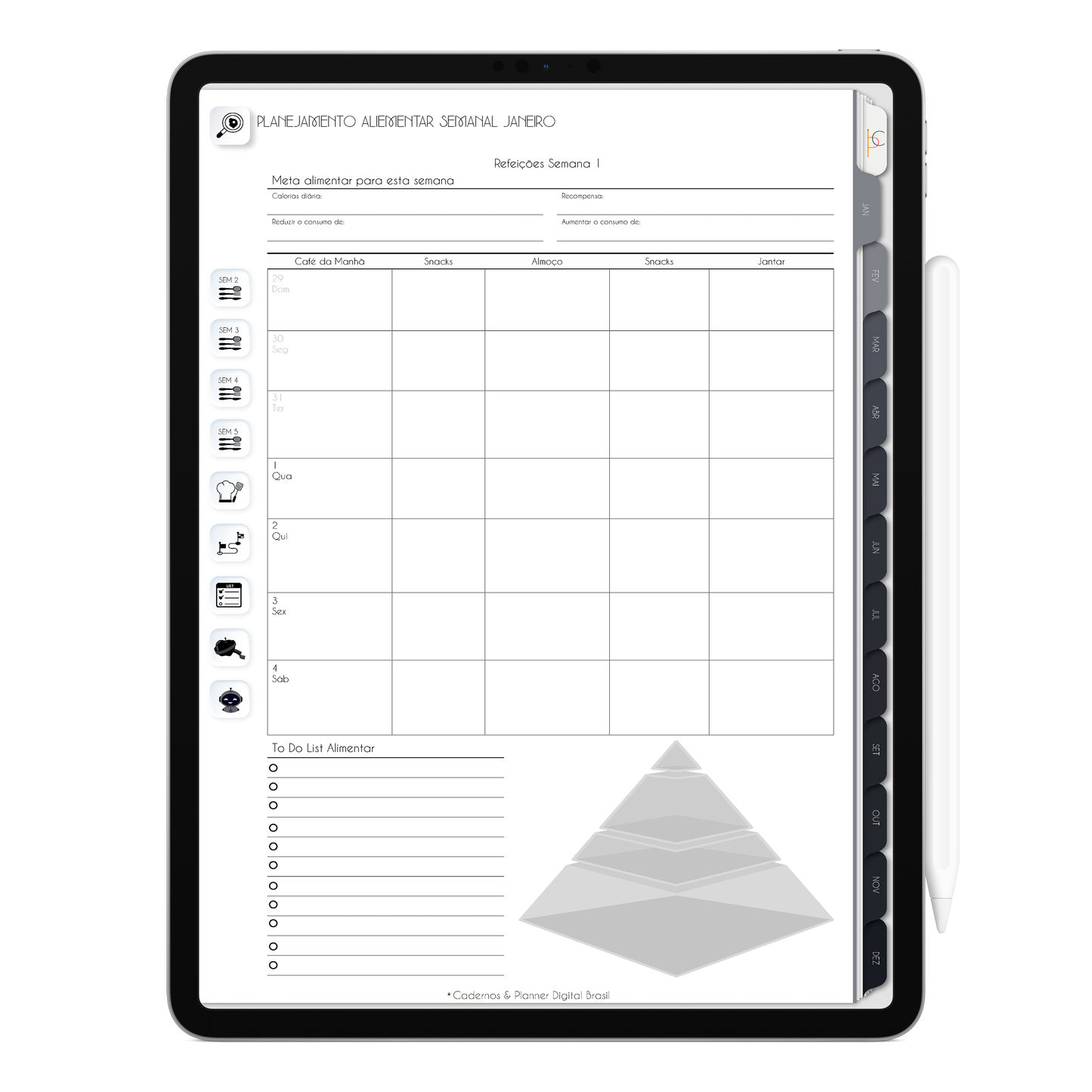 Planejamento alimentar para 52 semanas do ano, com ativação lembretes apple calendar e google agenda e inteligência artificial AI Planner no ChatGPT. Planner Digital 2025 Gratuito download grátis do planner digital para iPad e Tablet Android, tablet da Samsung Planeje sua vida no melhor planner digital da Cadernos Planner Digital Brasil