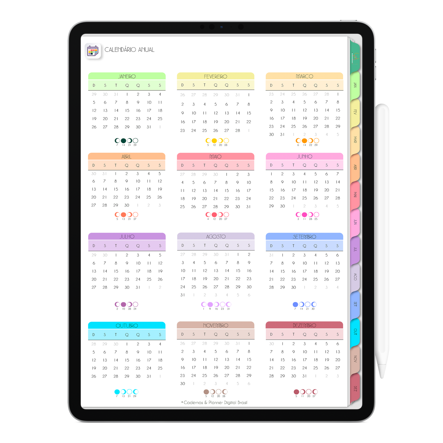 Calendário anual e lunar. Planner Digital 2025 Gratuito download grátis do planner digital para iPad e Tablet Android, tablet da Samsung Planeje sua vida no melhor planner digital da Cadernos Planner Digital Brasil