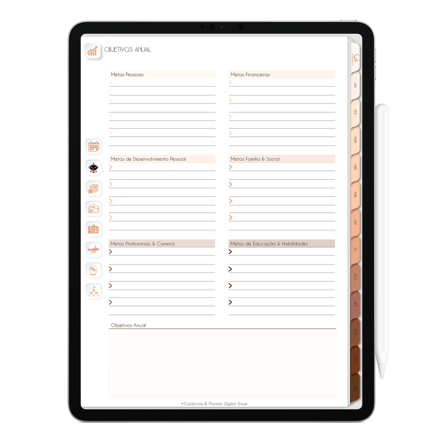 Planejamento de objetivos anual do Planner Digital Minimal Universe Mocha Nude com ativação lembretes apple calendar e google agenda e inteligência artificial AI Planner no ChatGPT. Planner Digital 2025 Gratuito download grátis do planner digital para iPad e Tablet Android, tablet da Samsung Planeje sua vida no melhor planner digital da Cadernos Planner Digital Brasil