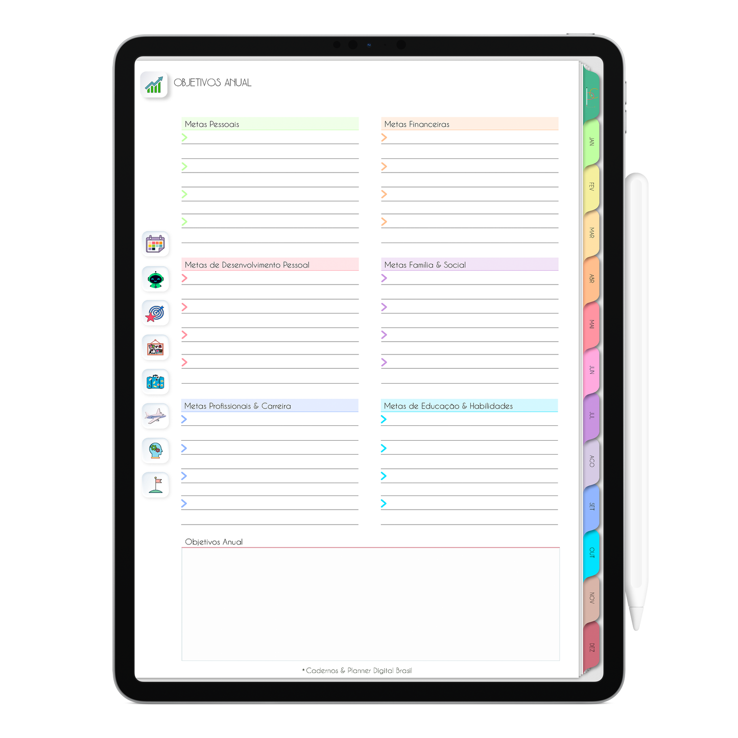 Planejamento objetivos anual com ativação lembretes apple calendar e google agenda e inteligência artificial AI Planner. Planner Digital 2025 Gratuito download grátis do planner digital para iPad e Tablet Android, tablet da Samsung Planeje sua vida no melhor planner digital da Cadernos Planner Digital Brasil