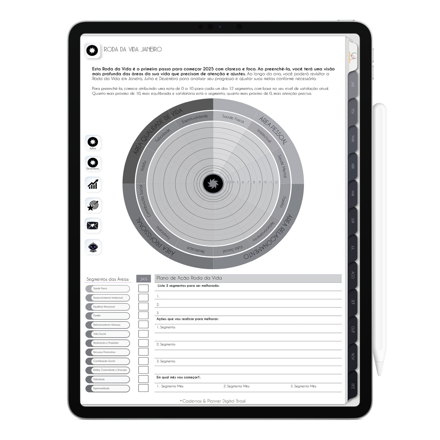 Planejamento Roda da Vida para o ano inteiro, com ativação lembretes apple calendar e google agenda e inteligência artificial AI Planner no ChatGPT. Planner Digital 2025 Gratuito download grátis do planner digital para iPad e Tablet Android, tablet da Samsung Planeje sua vida no melhor planner digital da Cadernos Planner Digital Brasil