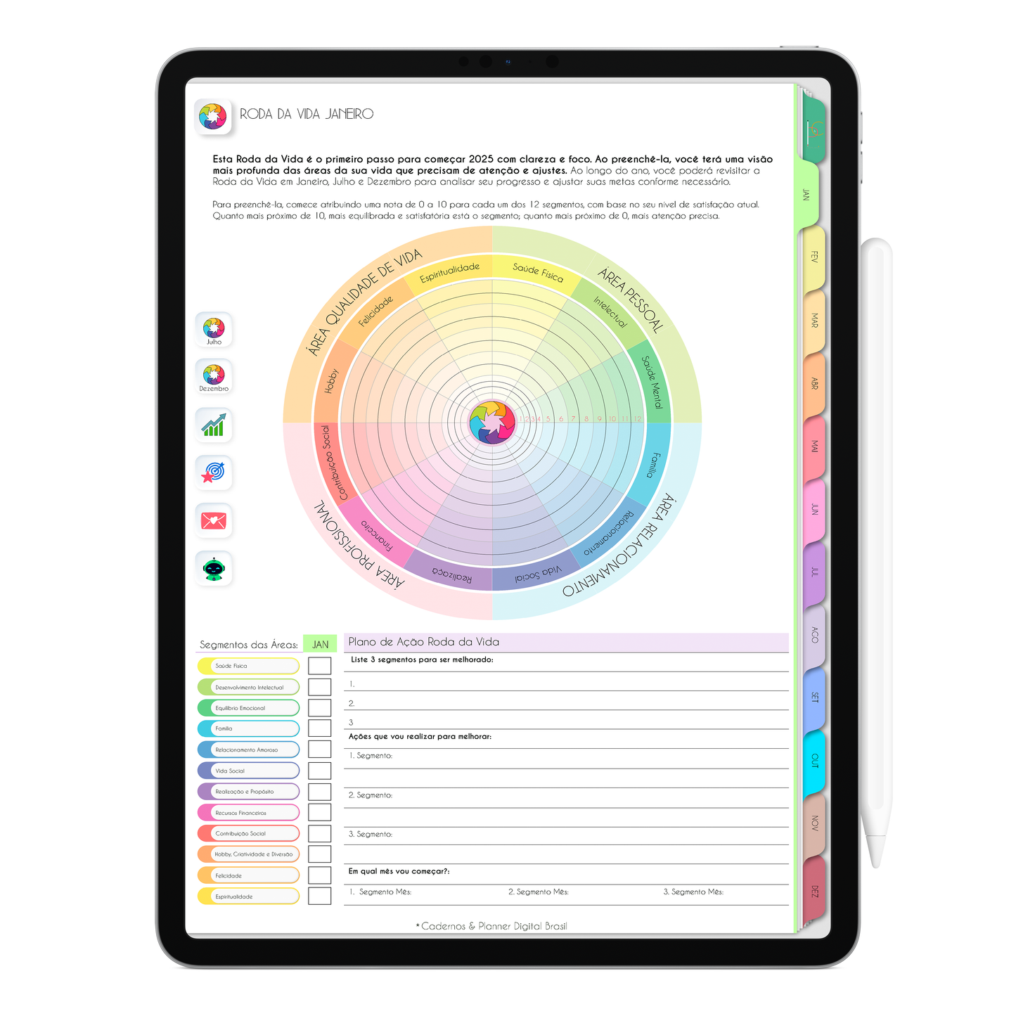 Roda da Vida para o ano inteiro. Planner Digital 2025 Gratuito download grátis do planner digital para iPad e Tablet Android, tablet da Samsung Planeje sua vida no melhor planner digital da Cadernos Planner Digital Brasil