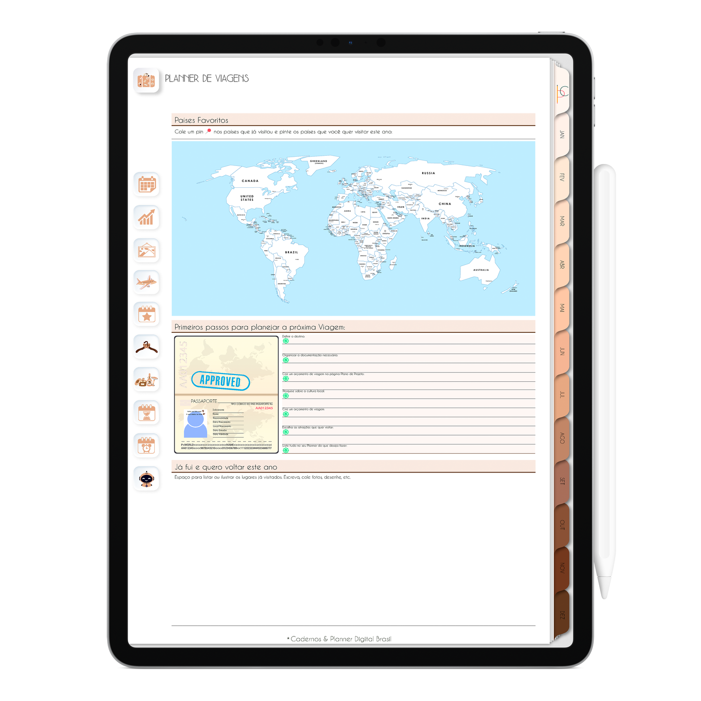 Planejamento Planner de Viagens anual no Planner Digital Minimal Universe Mocha Nude com ativação lembretes apple calendar e google agenda e inteligência artificial AI Planner no ChatGPT. Planner Digital 2025 Gratuito download grátis do planner digital para iPad e Tablet Android, tablet da Samsung Planeje sua vida no melhor planner digital da Cadernos Planner Digital Brasil
