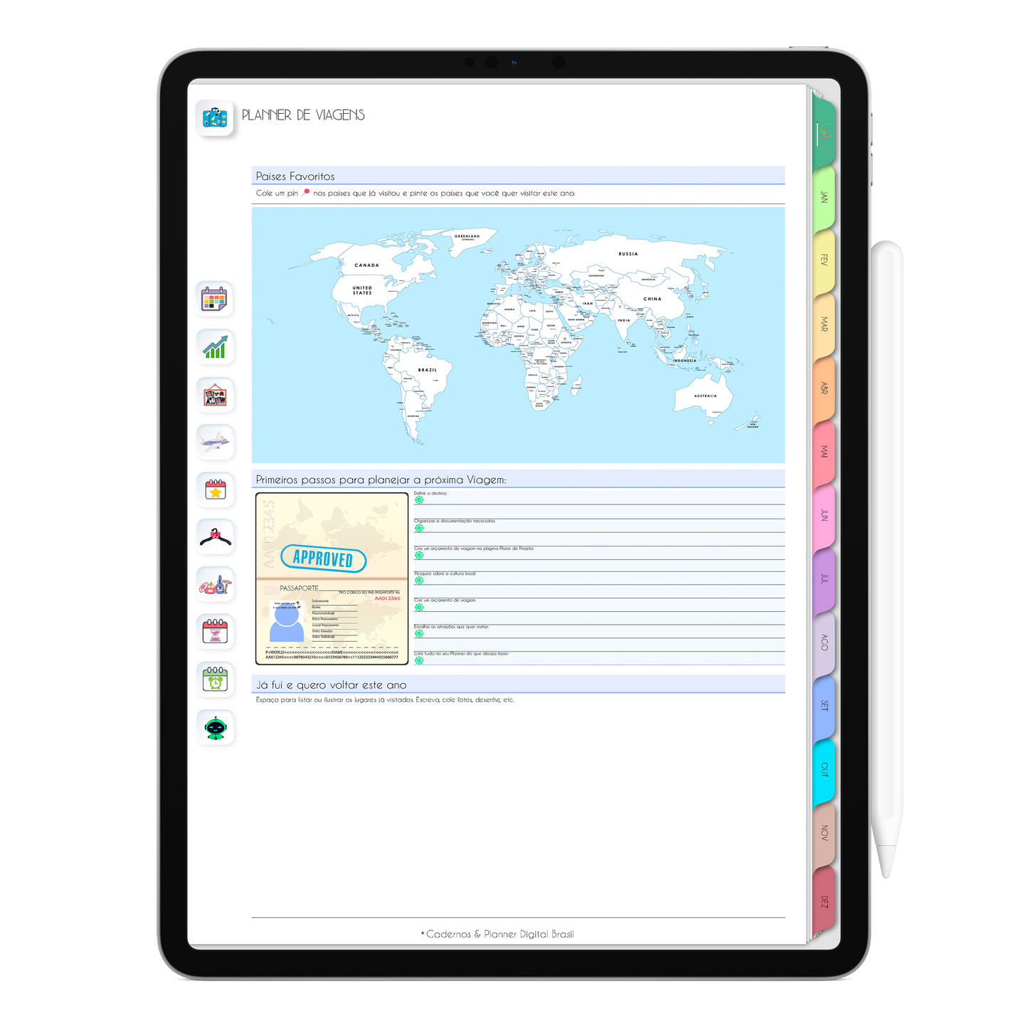 Planner de viagens. Planner Digital 2025 Gratuito download grátis do planner digital para iPad e Tablet Android, tablet da Samsung Planeje sua vida no melhor planner digital da Cadernos Planner Digital Brasil