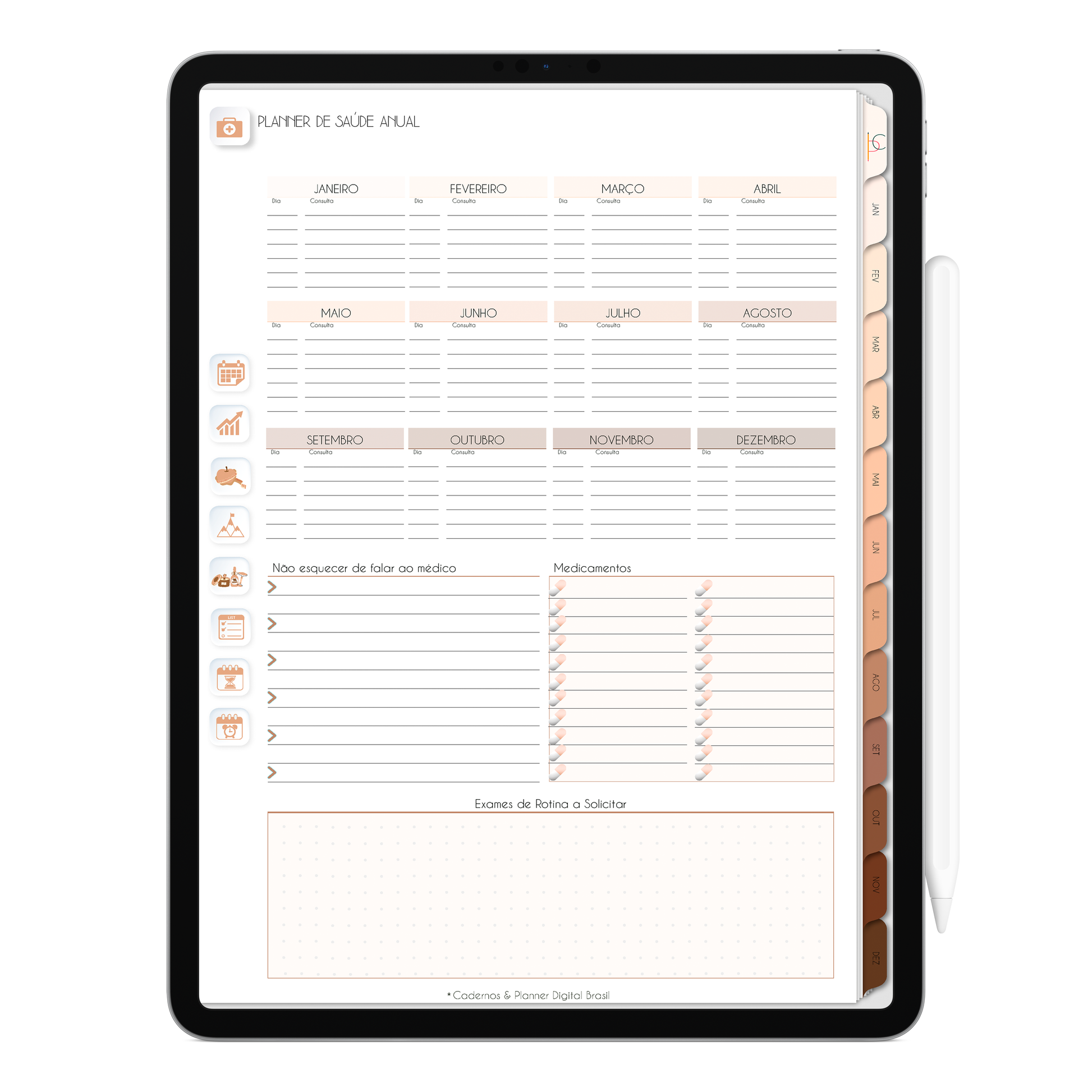 Planejamento de saúde anual do Planner Digital Minimal Universe Mocha Nude com ativação lembretes apple calendar e google agenda e inteligência artificial AI Planner no ChatGPT. Planner Digital 2025 Gratuito download grátis do planner digital para iPad e Tablet Android, tablet da Samsung Planeje sua vida no melhor planner digital da Cadernos  Planner Digital Brasil