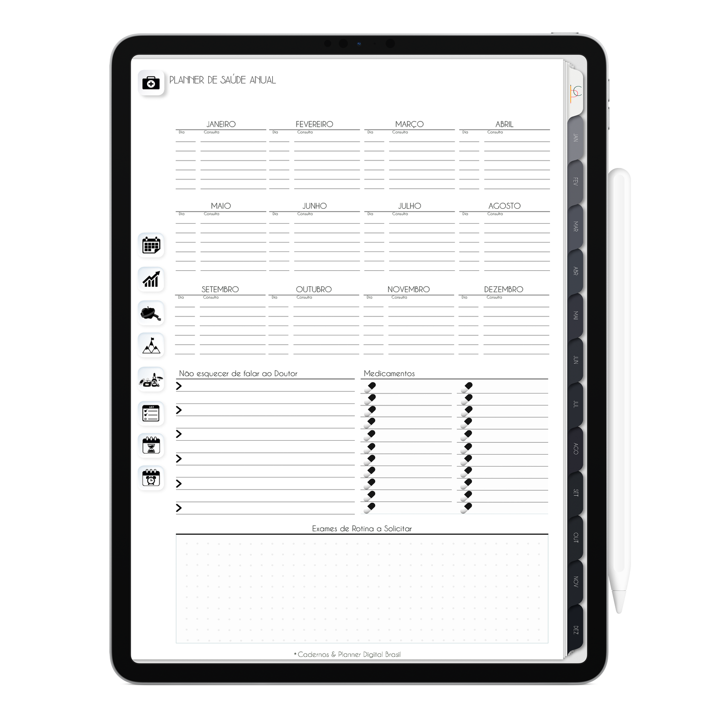 Planner Digital de planejamento de saúde anual, com ativação lembretes apple calendar e google agenda e inteligência artificial AI Planner no ChatGPT. Planner Digital 2025 Gratuito download grátis do planner digital para iPad e Tablet Android, tablet da Samsung Planeje sua vida no melhor planner digital da Cadernos Planner Digital Brasil