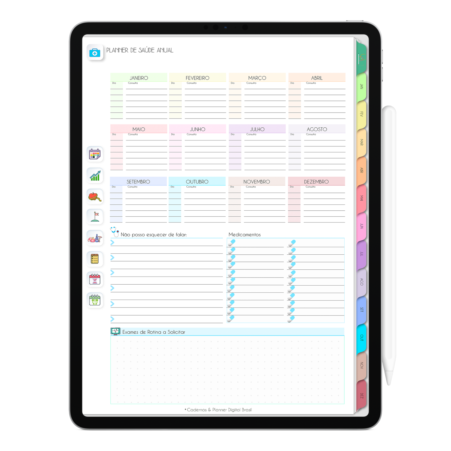 Planejamento de saúde anual, com ativação lembretes apple calendar e google agenda e inteligência artificial AI Planner. Planner Digital 2025 Gratuito download grátis do planner digital para iPad e Tablet Android, tablet da Samsung Planeje sua vida no melhor planner digital da Cadernos Planner Digital Brasil