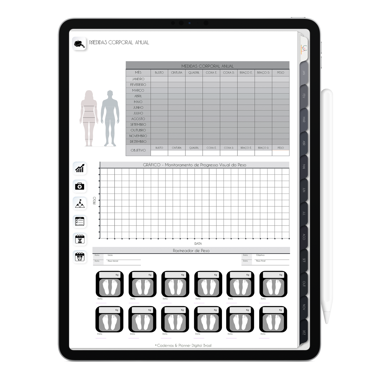 Planner Digital com medidas corporal o ano inteiro, com ativação lembretes apple calendar e google agenda e inteligência artificial AI Planner no ChatGPT. Planner Digital 2025 Gratuito download grátis do planner digital para iPad e Tablet Android, tablet da Samsung Planeje sua vida no melhor planner digital da Cadernos Planner Digital Brasil