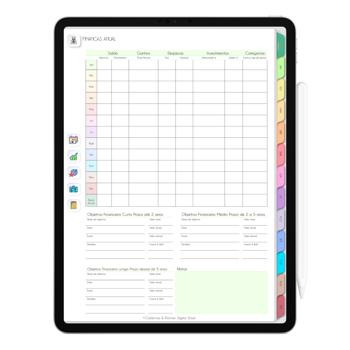 Planejamento finanças anual, com ativação lembretes apple calendar e google agenda e inteligência artificial AI Planner. Planner Digital 2025 Gratuito download grátis do planner digital para iPad e Tablet Android, tablet da Samsung Planeje sua vida no melhor planner digital da Cadernos Planner Digital Brasil