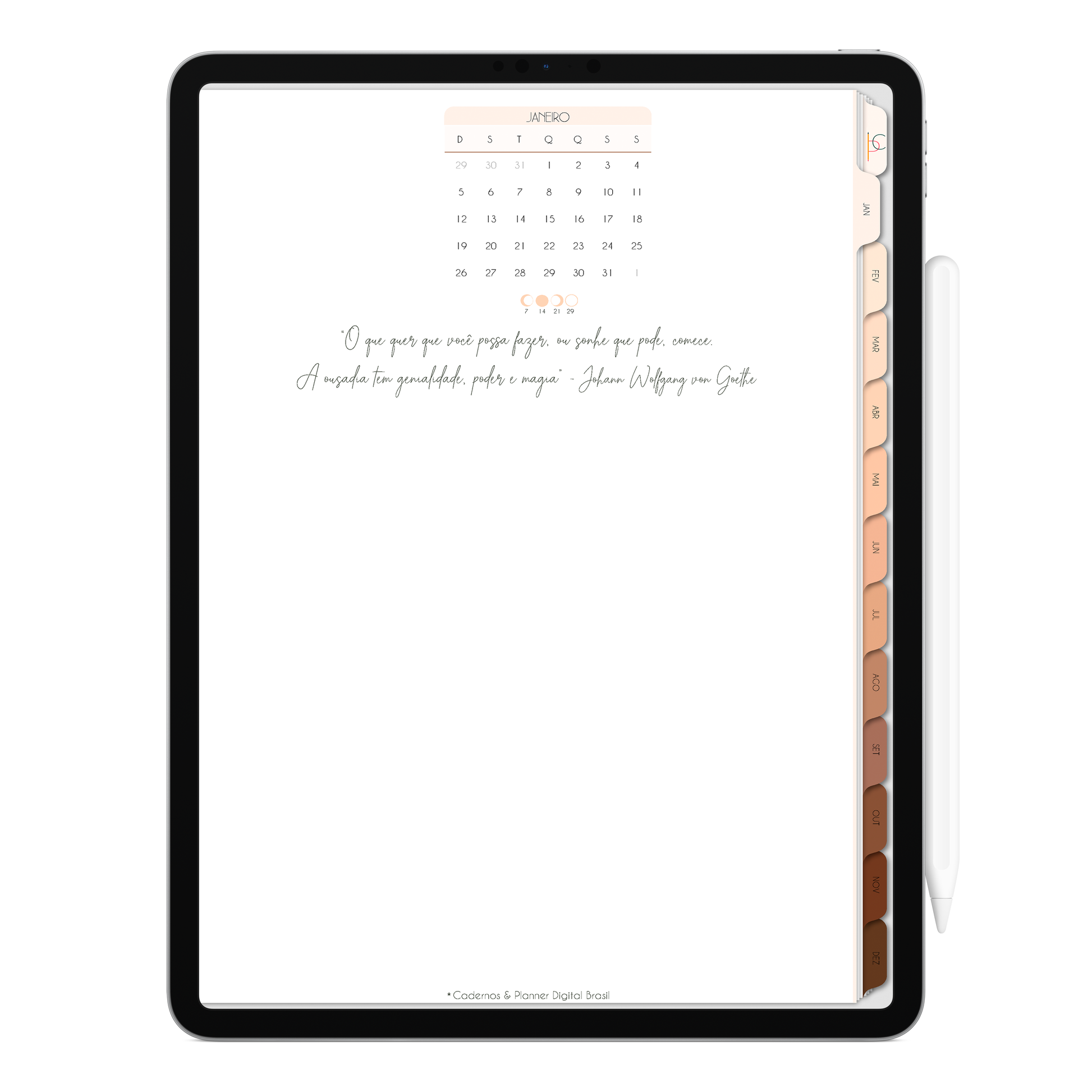 Capa do mês com frase inspiracional, com ativação lembretes apple calendar e google agenda e inteligência artificial AI Planner no ChatGPT. Planner Digital 2025 Gratuito download grátis do planner digital para iPad e Tablet Android, tablet da Samsung Planeje sua vida no melhor planner digital da Cadernos  Planner Digital Brasil