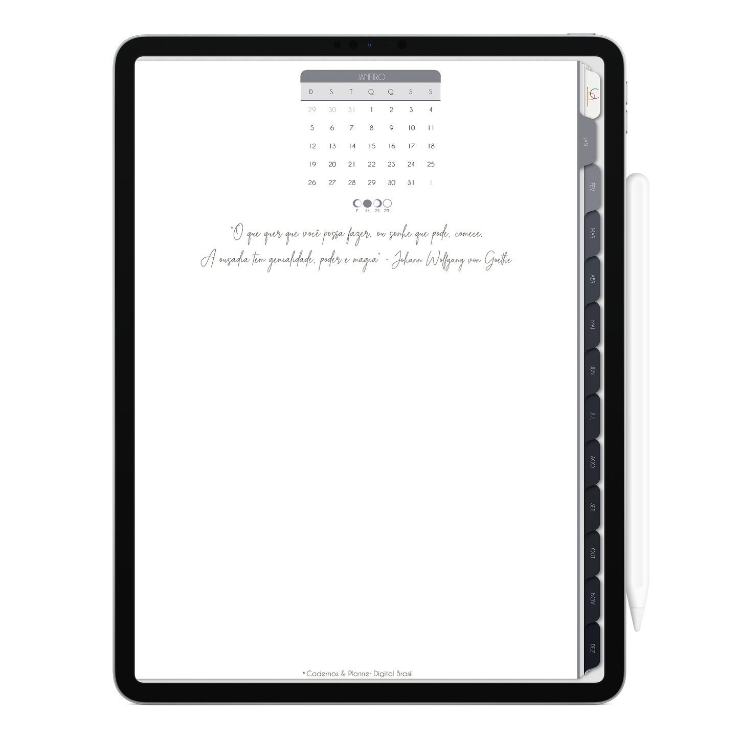 Capa do mês com frase inspiracional, com ativação lembretes apple calendar e google agenda e inteligência artificial AI Planner no ChatGPT. Planner Digital 2025 Gratuito download grátis do planner digital para iPad e Tablet Android, tablet da Samsung Planeje sua vida no melhor planner digital da Cadernos Planner Digital Brasil