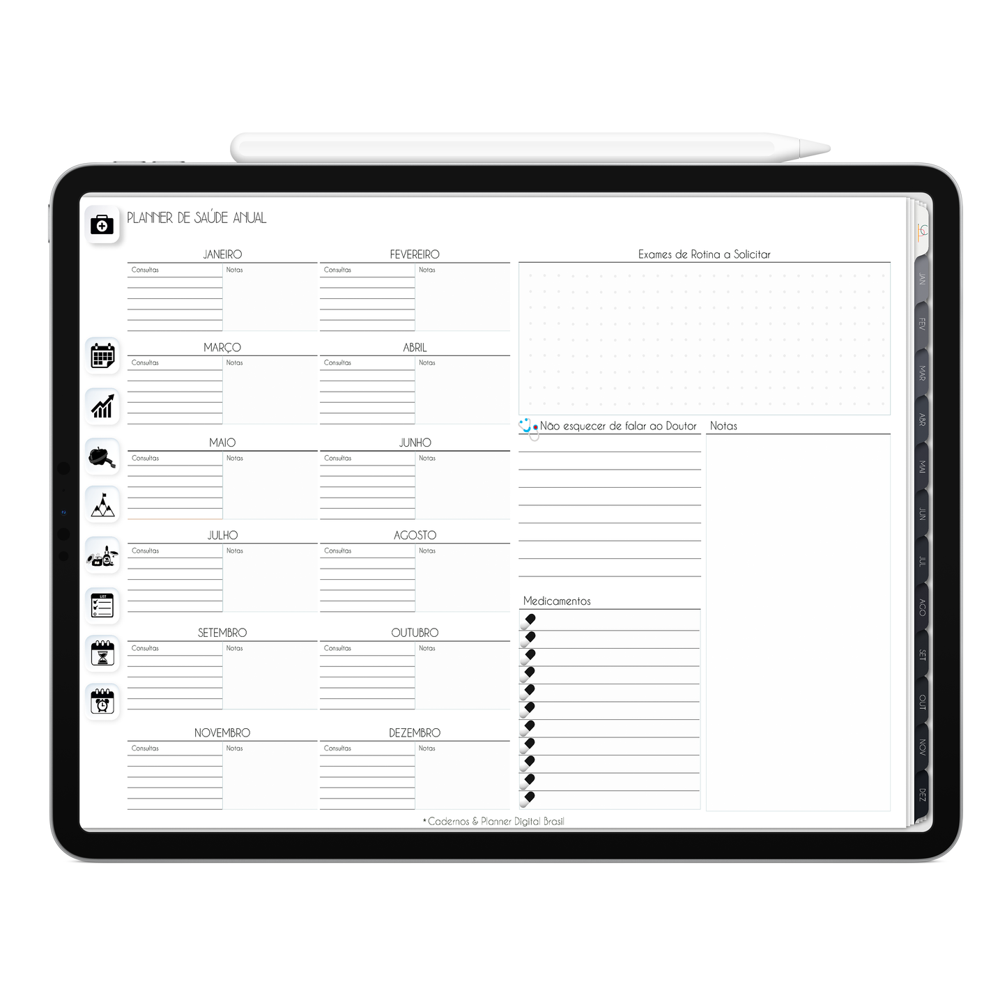 Planner de Saúde Anual do Planner Digital 2026 Executivo Horizontal da Cadernos & Planner Digital Brasil visualizada em um iPad ou Tablet Android, compatível com GoodNotes e Notein.