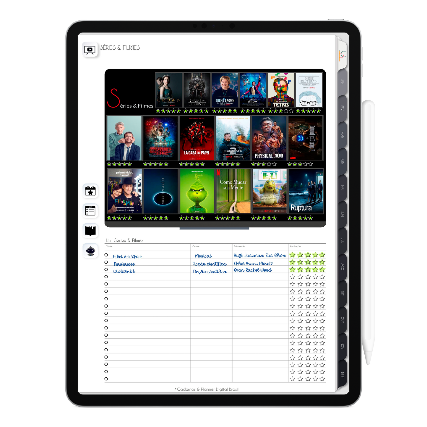 Planner de registro de séries e filmes favoritos do Planner Digital 2026 Executivo Vertical da Cadernos & Planner Digital Brasil visualizada em um iPad ou Tablet Android, compatível com GoodNotes e Notein.