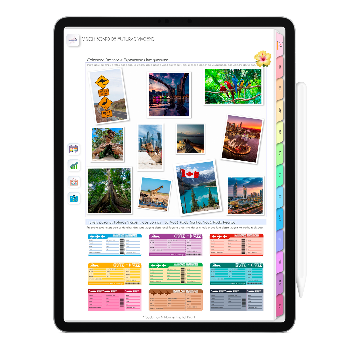 Vision Board de futuras viagens do Planner Digital 2026 Life In Colors Vertical da Cadernos & Planner Digital Brasil visualizada em um iPad ou Tablet Android, compatível com GoodNotes e Notein.