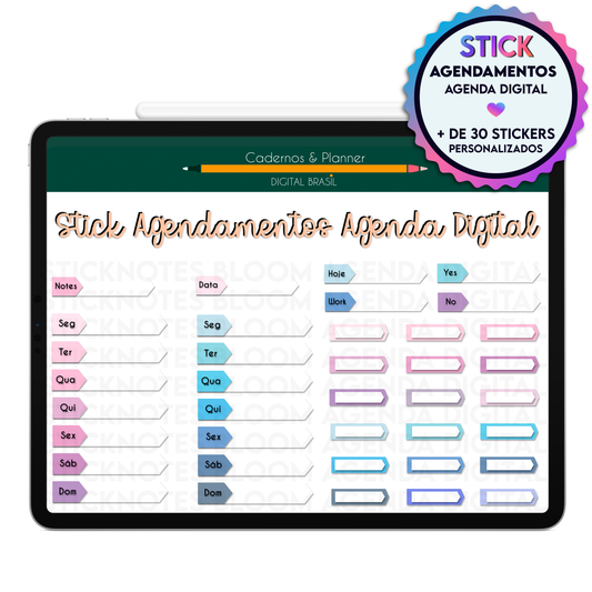 Adesivos digitais para organizar agenda semanal, horários e compromissos no iPad e Tablet Android.