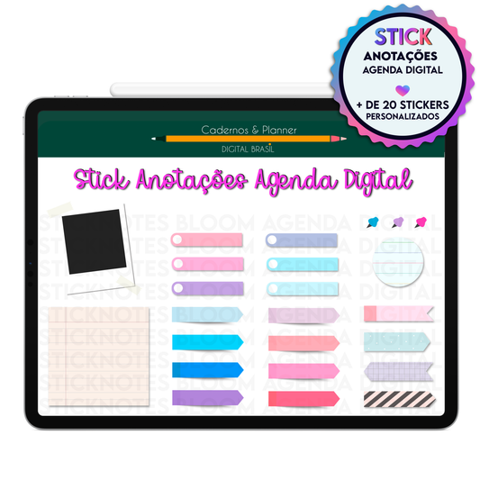 Notas adesivas digitais para trabalhos, faculdade, reuniões e organização profissional no iPad GoodNotes ou Tablet Android.
