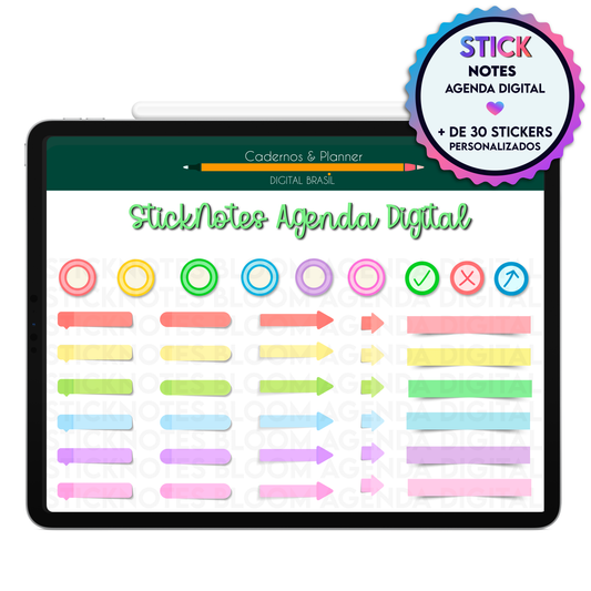 Stickers Notes digitais para agendamentos, reuniões, observações e brainstorm na Agenda Digital Permanente Não Datada no Tablet Android ou iPad.